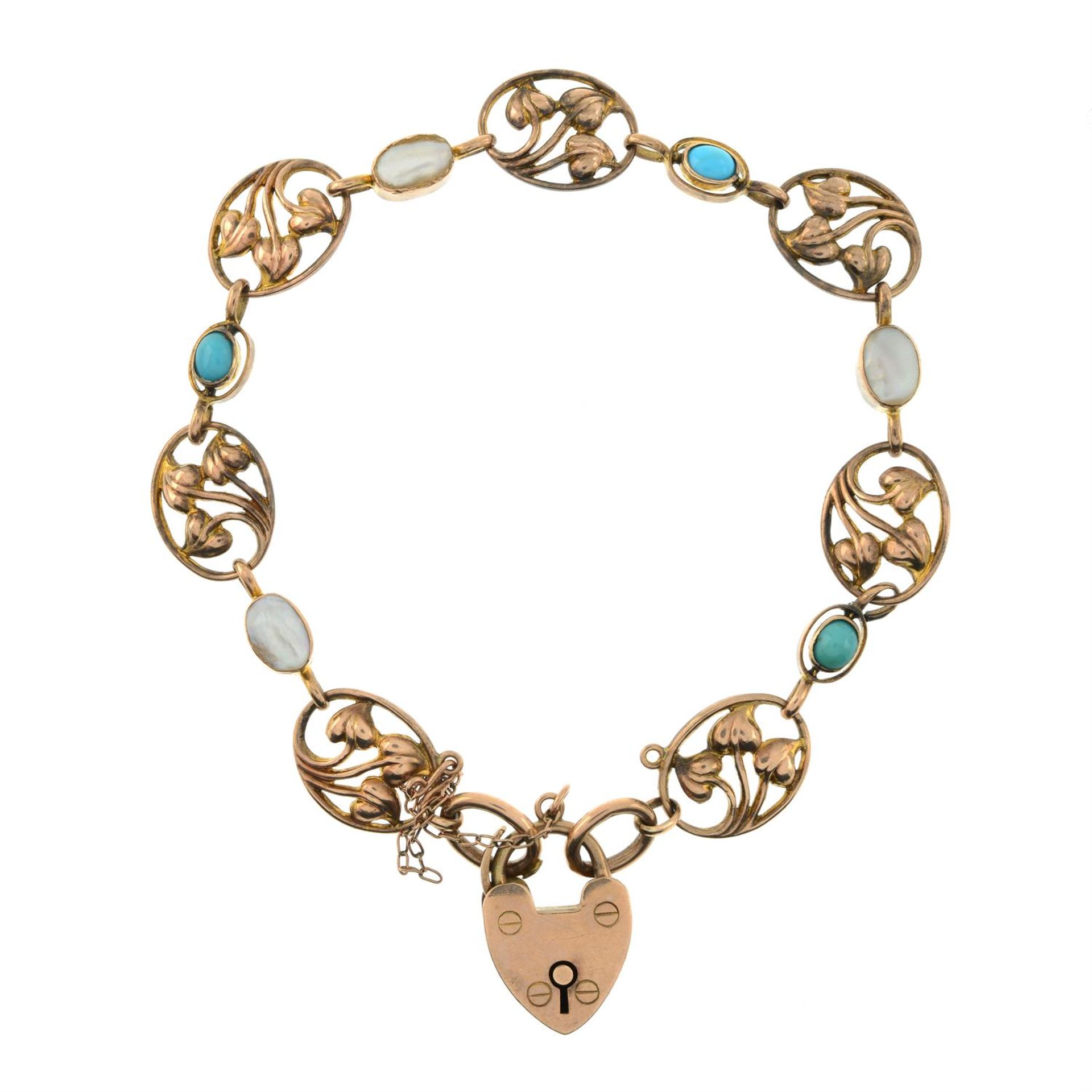 An Edwardian Art Nouveau 9ct gold turquoise and blister pearl foliate bracelet, with padlock clasp. - Bild 2 aus 3