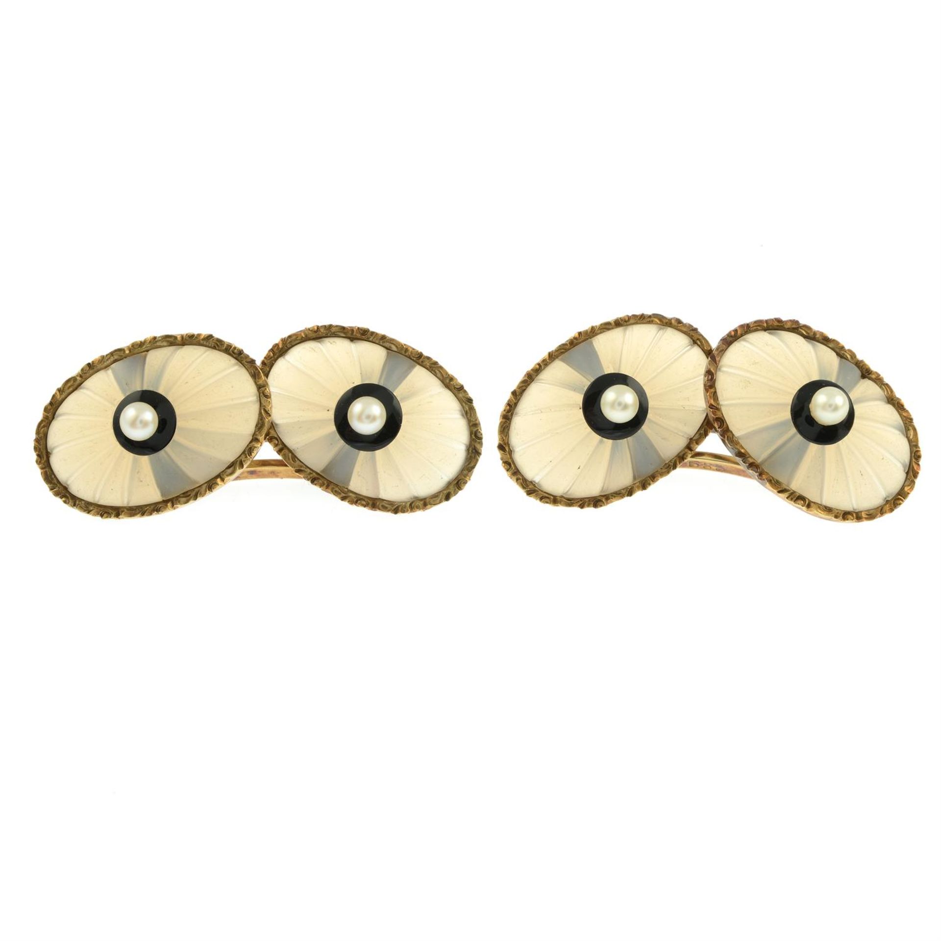A pair of early to mid 20th century 14ct gold seed pearl, onyx and frosted rock crystal cufflinks. - Image 2 of 3