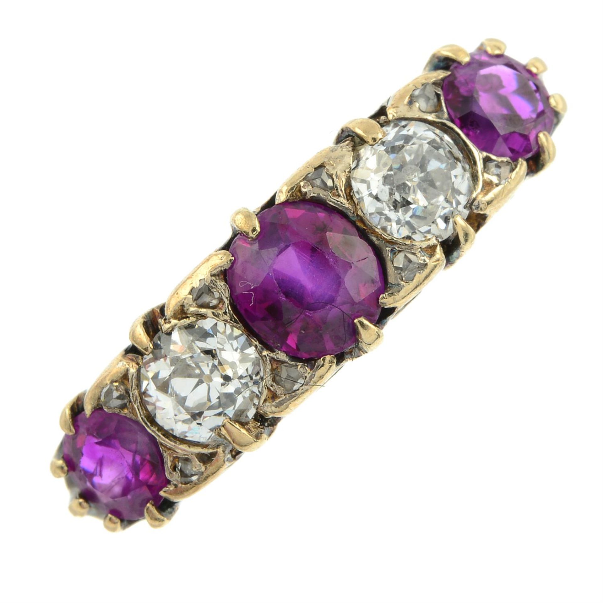 An early 20th century 18ct gold alternating ruby and old-cut diamond five-stone ring. - Image 2 of 5