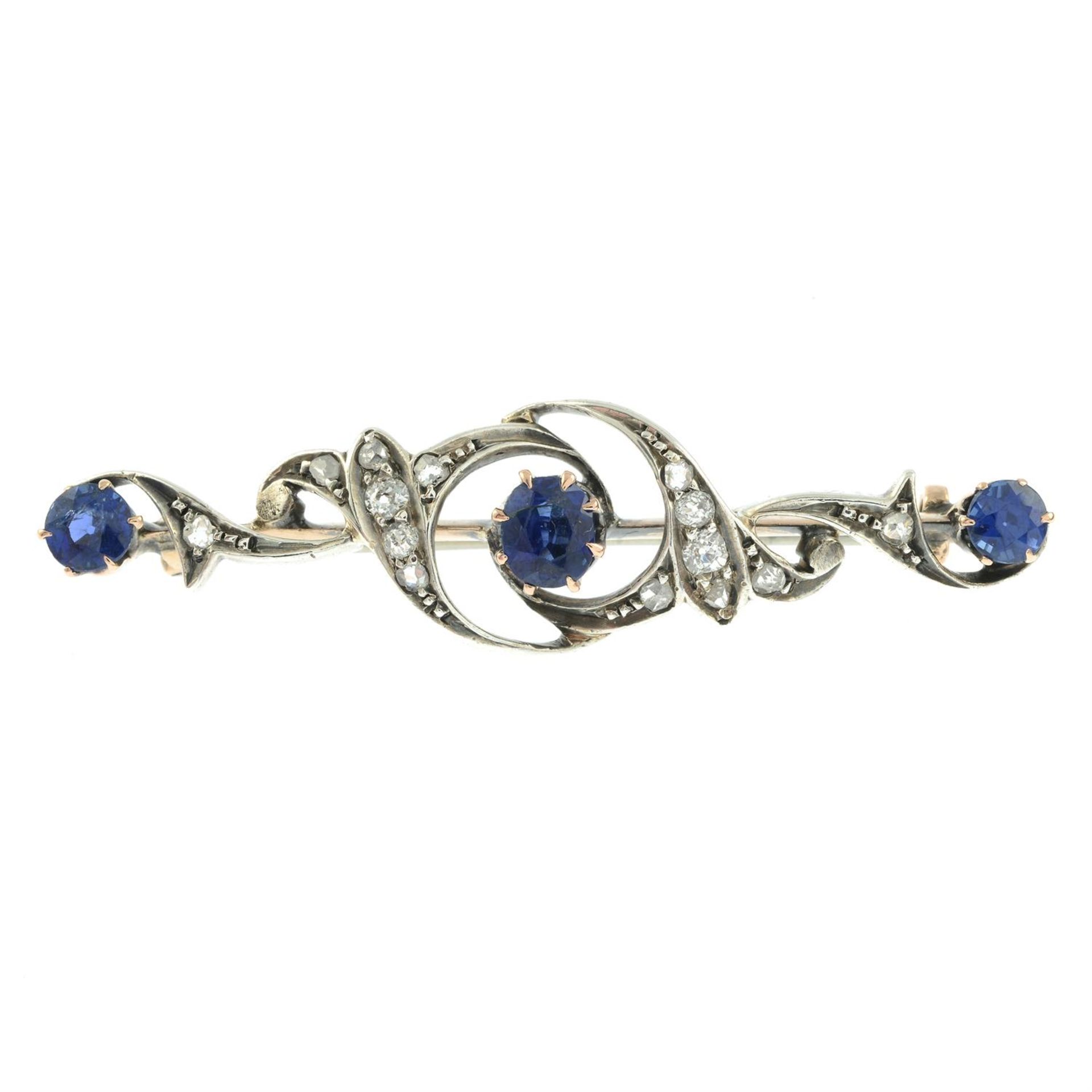 A late Victorian silver and gold, sapphire and vari-cut diamond foliate brooch. - Image 2 of 4