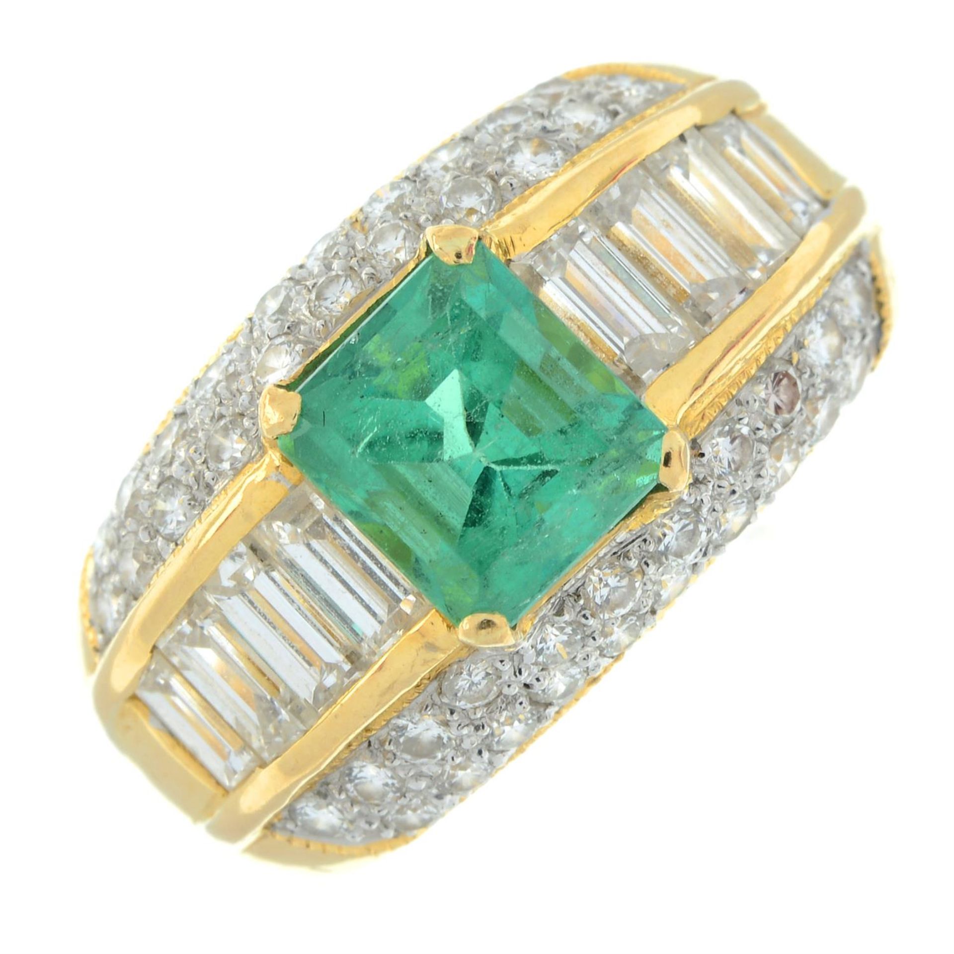 A Colombian emerald, baguette-shape and brilliant-cut diamond dress ring. - Image 2 of 5