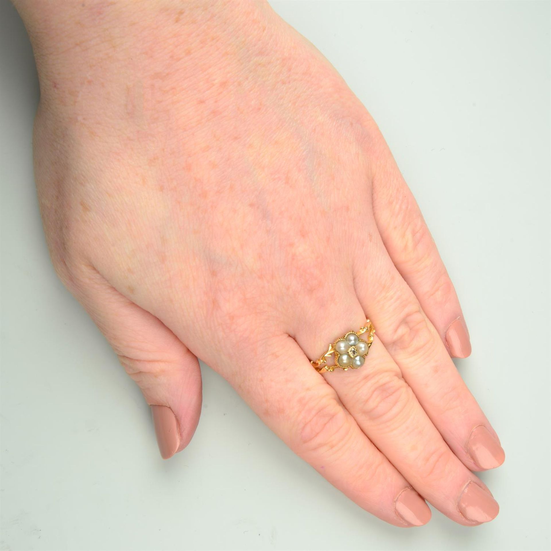 A mid 19th century 18ct gold old-cut diamond and split pearl floral cluster ring, - Image 5 of 5