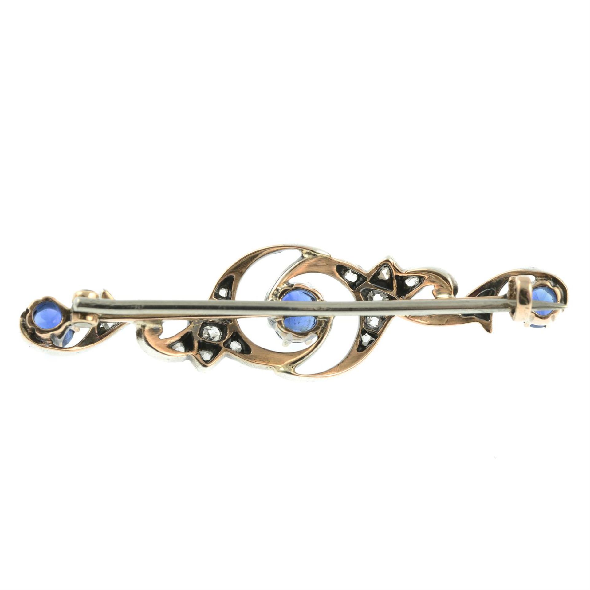 A late Victorian silver and gold, sapphire and vari-cut diamond foliate brooch. - Image 3 of 4