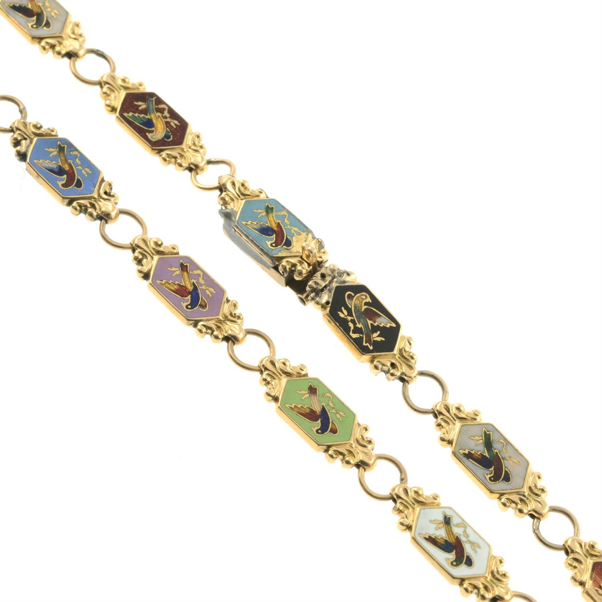 A mid 19th century gold and enamel bird motif necklace. - Image 4 of 4