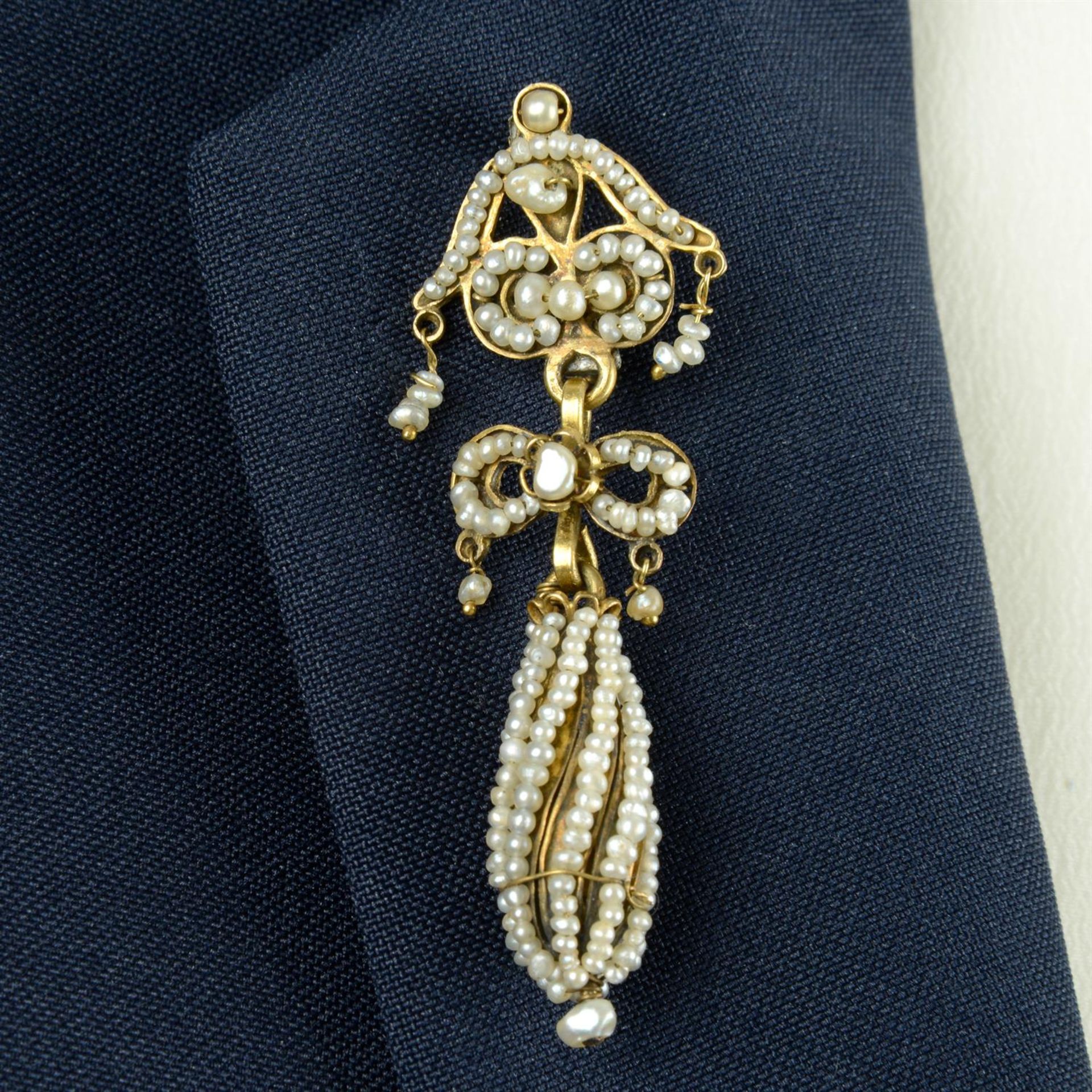 A late 18th century Southern Italian gold seed pearl earring, later converted to a brooch.