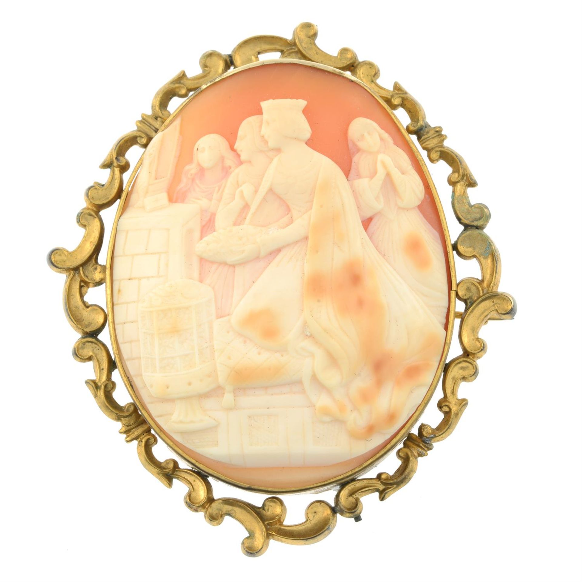 A late Victorian gold mounted shell cameo brooch, carved to depict a Queen, possibly giving - Image 2 of 6