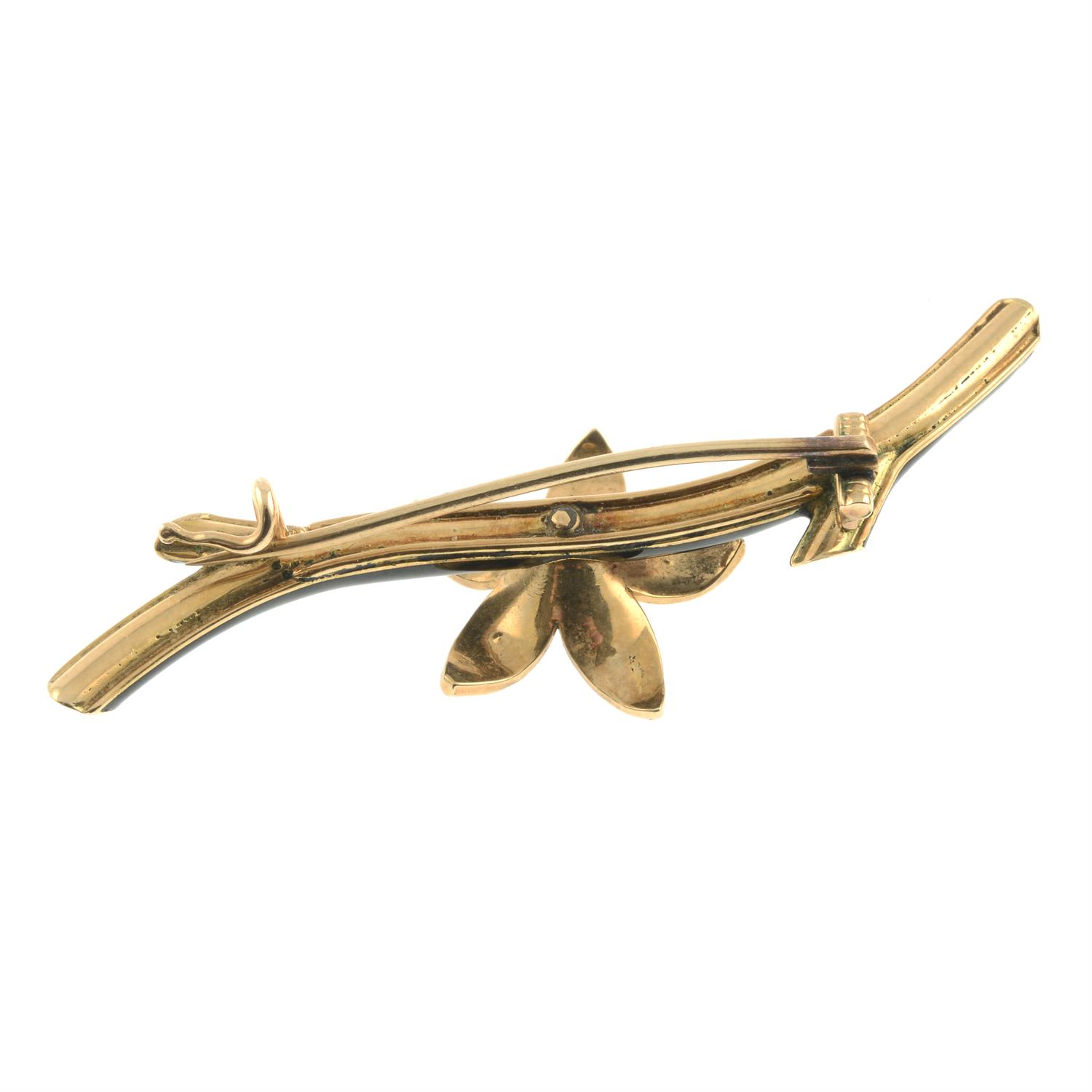 A late 19th century 14ct gold old-cut diamond and split pearl flowering black enamel branch brooch. - Image 3 of 4