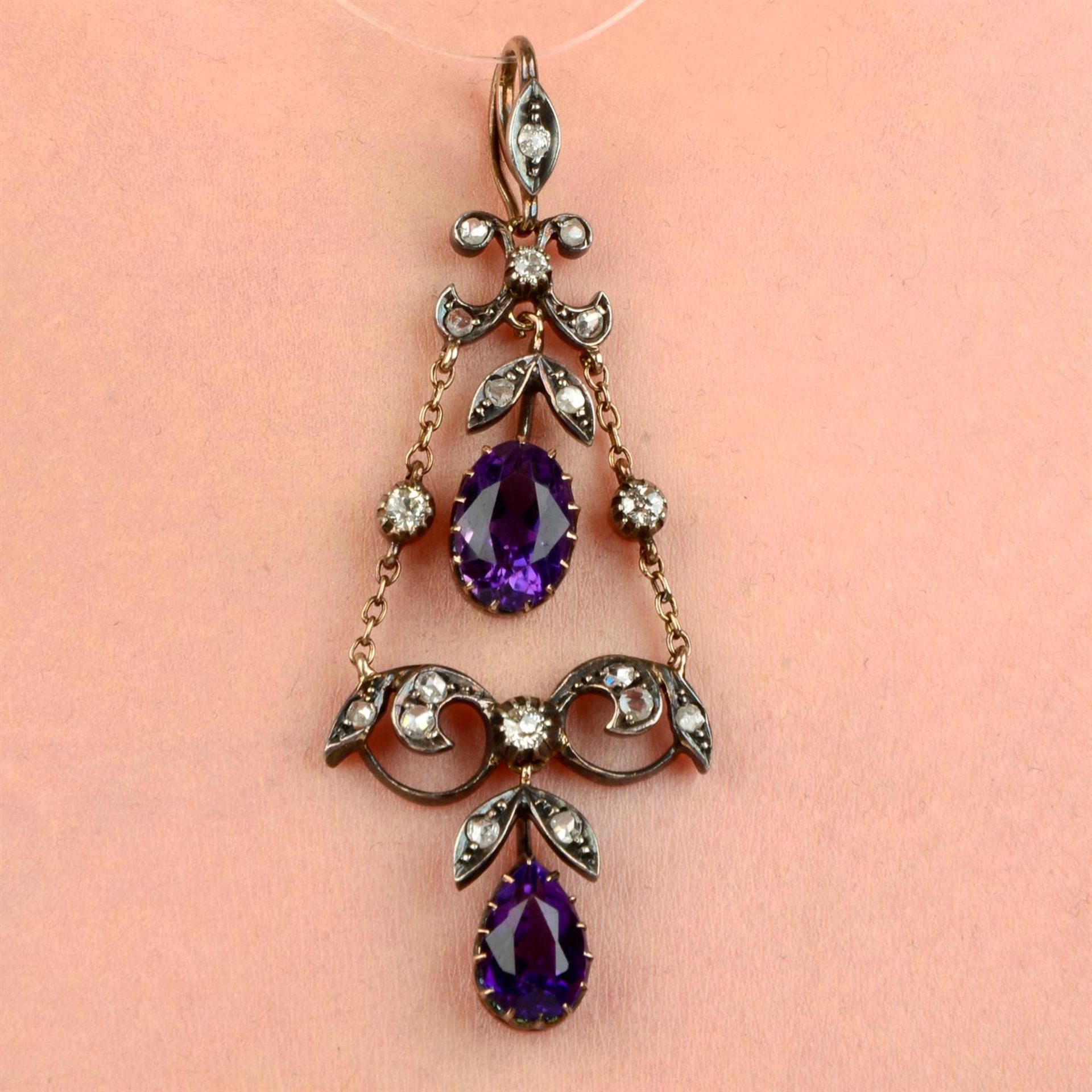 A late Victorian silver and gold, amethyst, old and rose-cut diamond lavalier pendant.