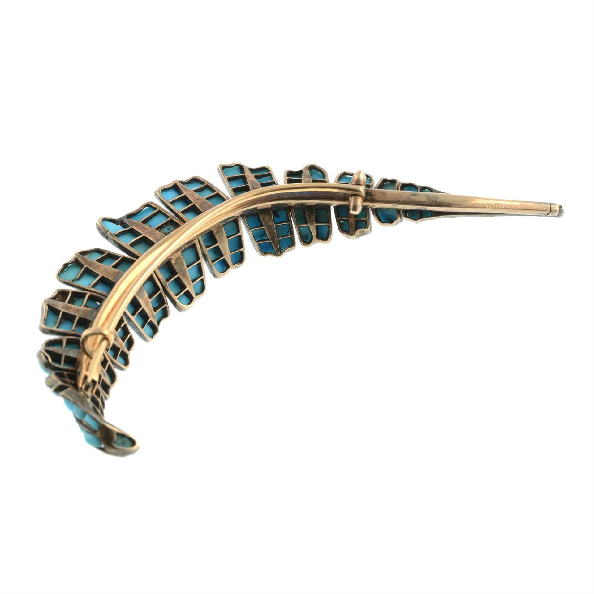 A 19th century silver and gold, calibre-cut turquoise and diamond point feather brooch. - Image 3 of 4