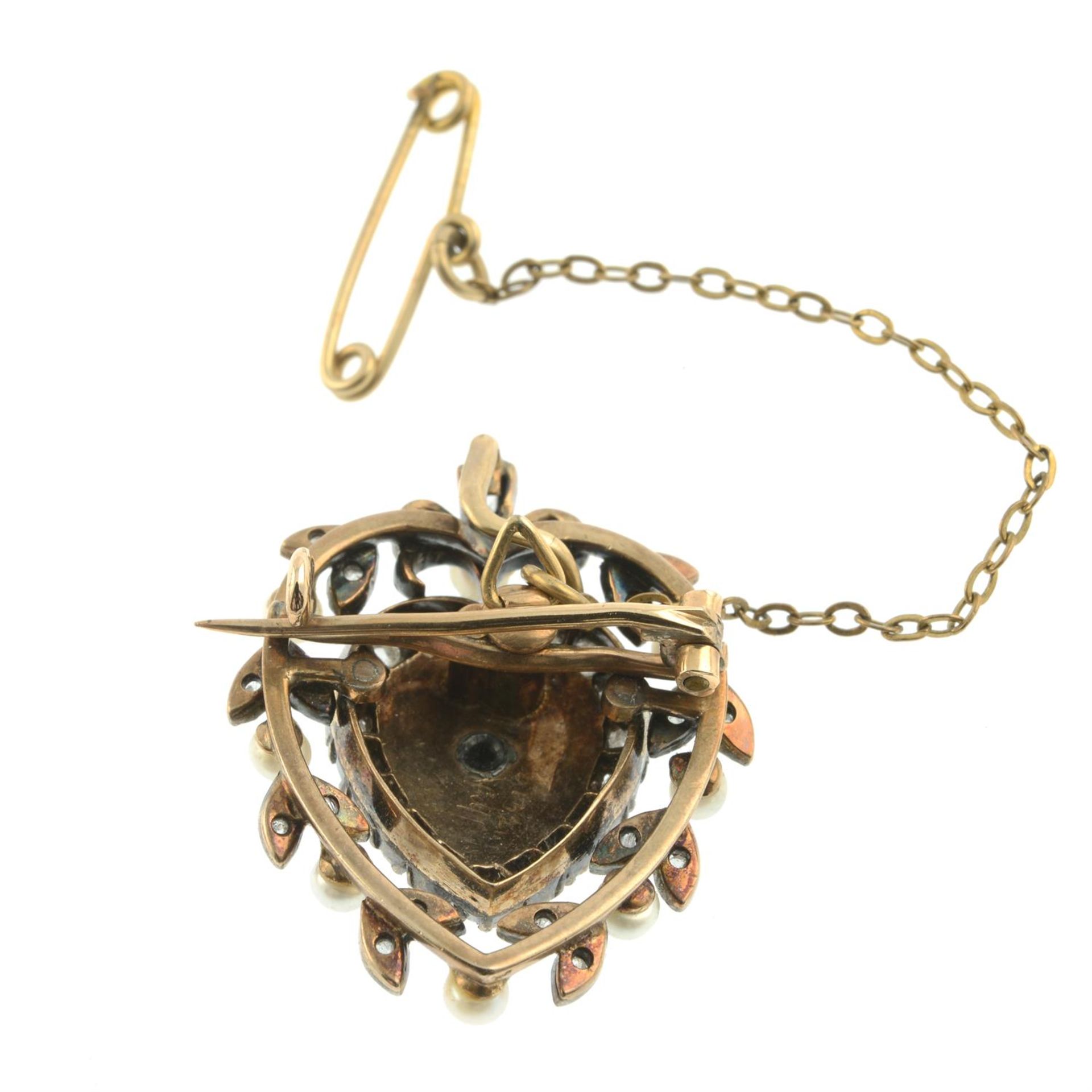 A late Victorian silver and gold, rose-cut diamond, seed pearl and green enamel heart - Image 3 of 4