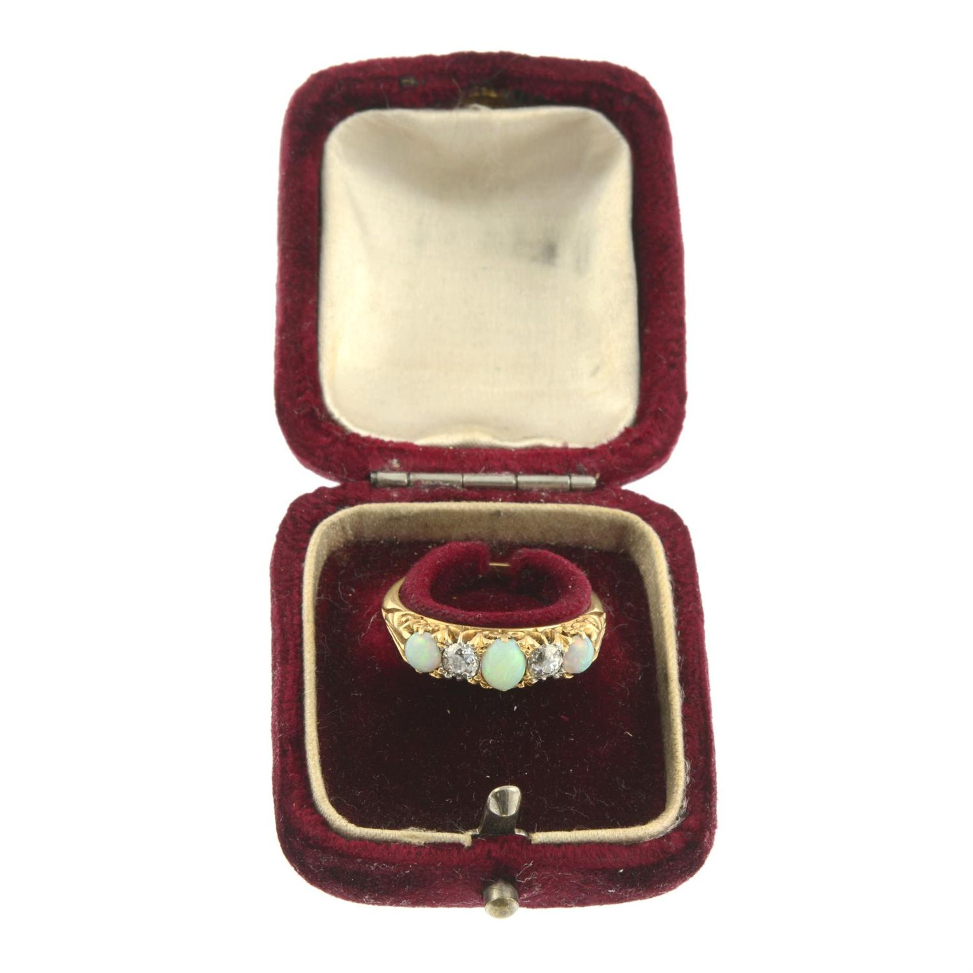 A Victorian 18ct gold opal and old-cut diamond five-stone ring. - Image 5 of 6