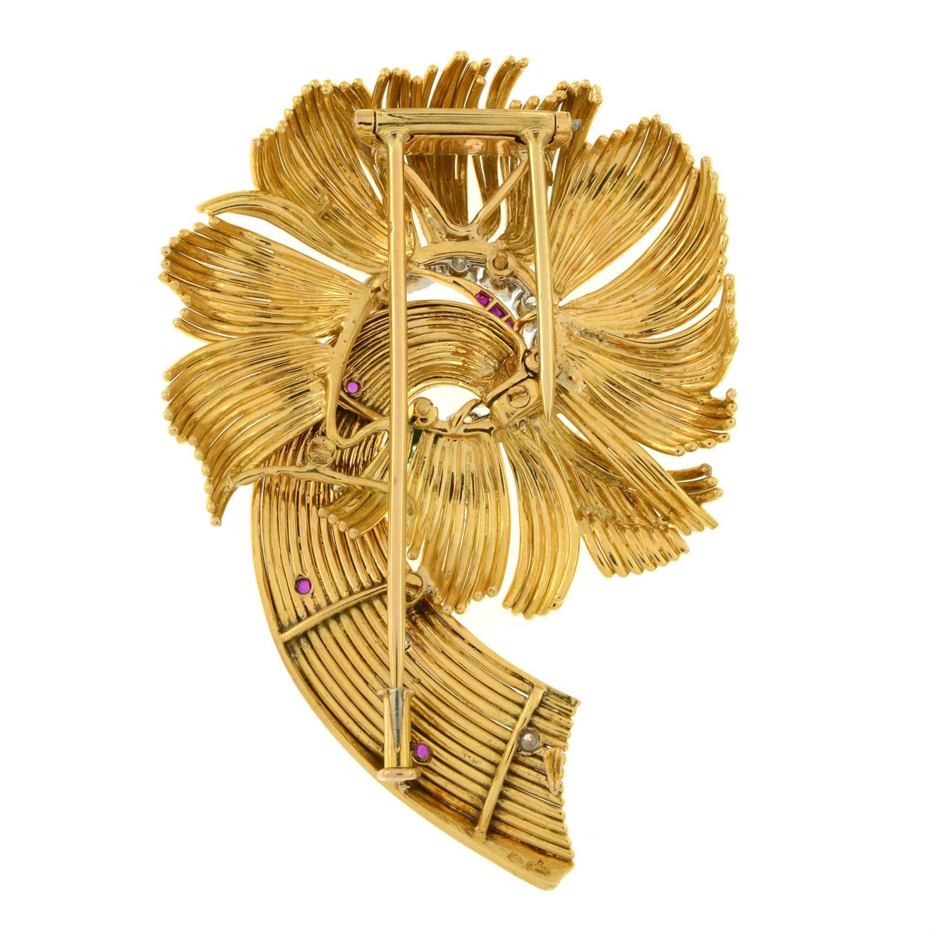 A mid 20th century platinum and 18ct gold brilliant-cut diamond and ruby stylised floral brooch. - Image 3 of 4