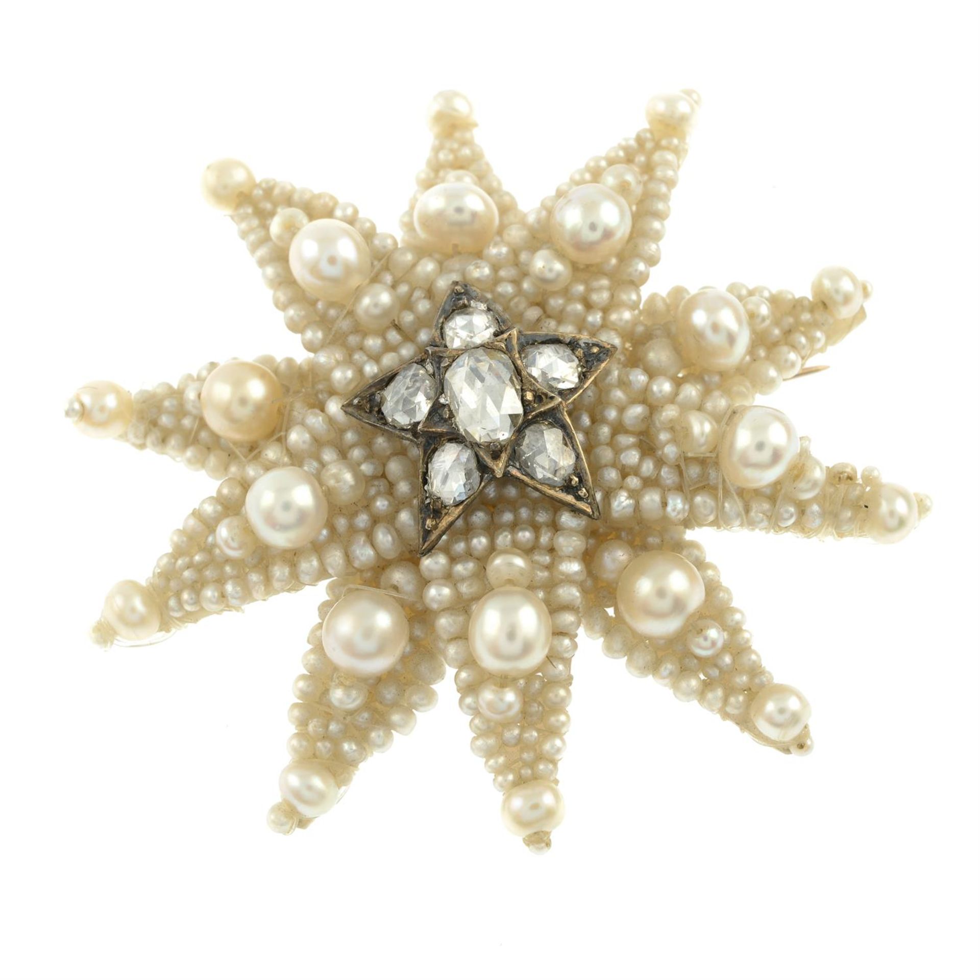 A 19th century rose-cut diamond, pearl and seed pearl star brooch. - Image 2 of 4