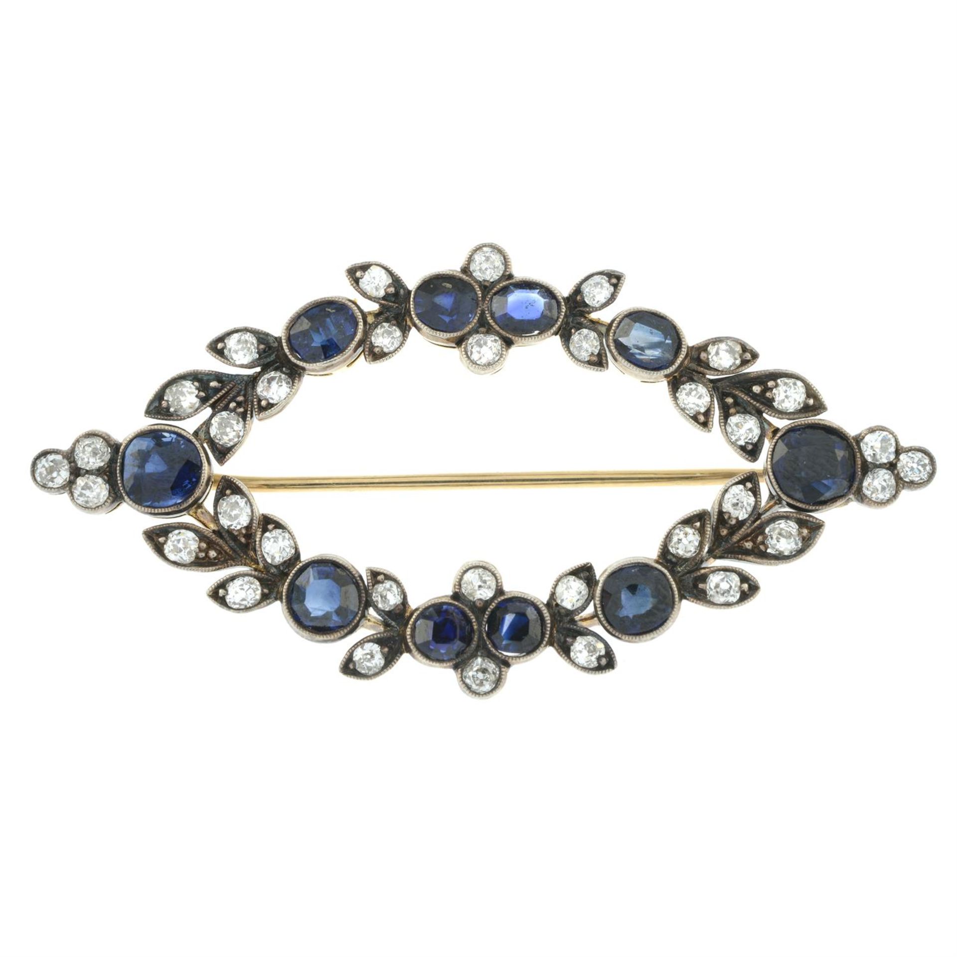An early 20th century silver and gold sapphire and old-cut diamond marquise-shape foliate brooch. - Image 2 of 4