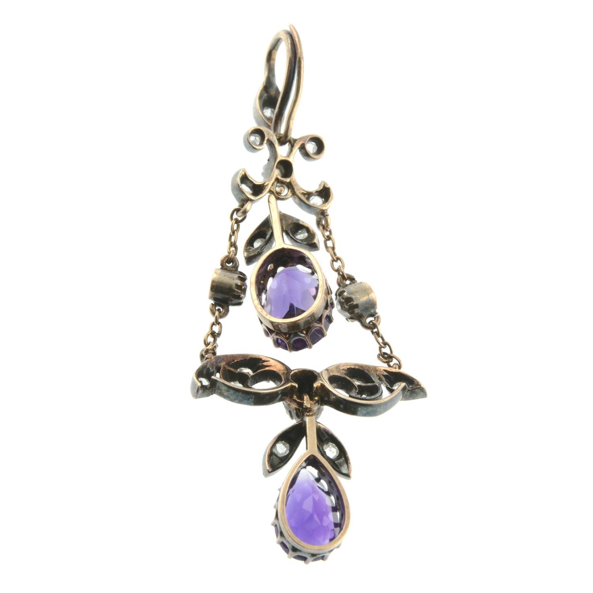 A late Victorian silver and gold, amethyst, old and rose-cut diamond lavalier pendant. - Image 3 of 4