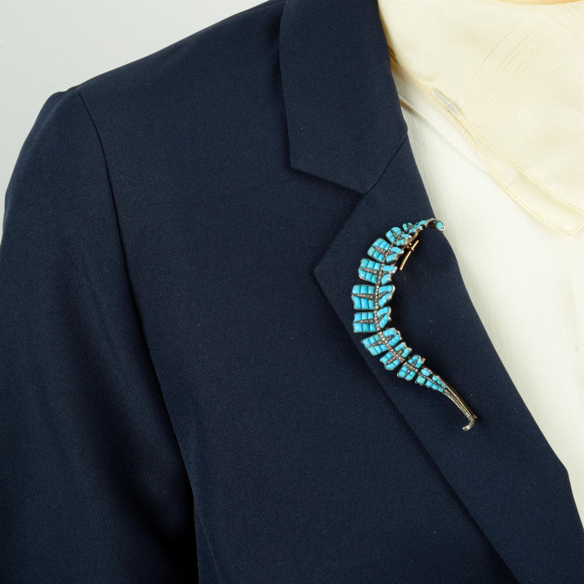 A 19th century silver and gold, calibre-cut turquoise and diamond point feather brooch. - Image 4 of 4