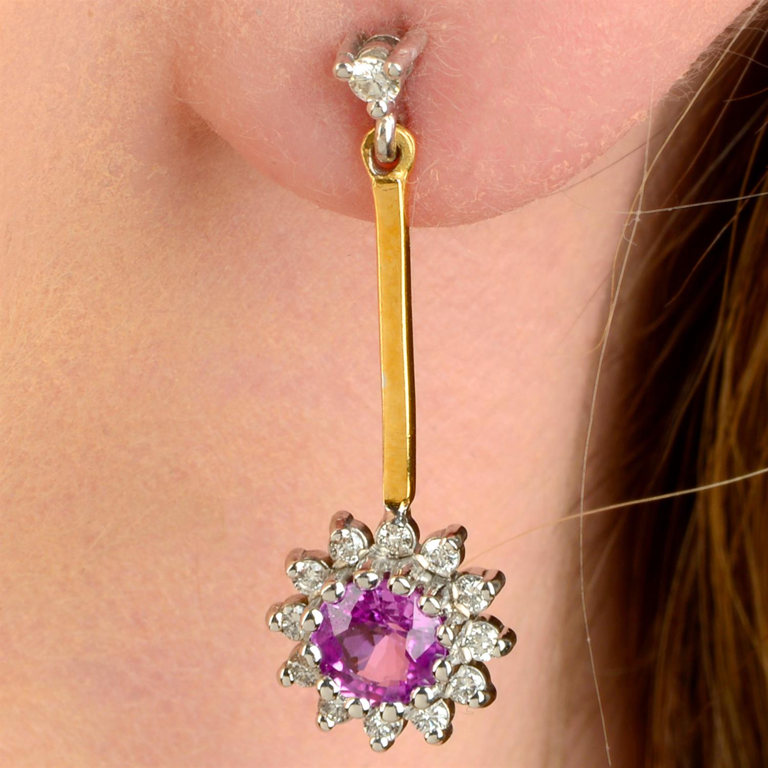 A pair of 18ct gold pink sapphire and brilliant-cut diamond cluster drop earrings.