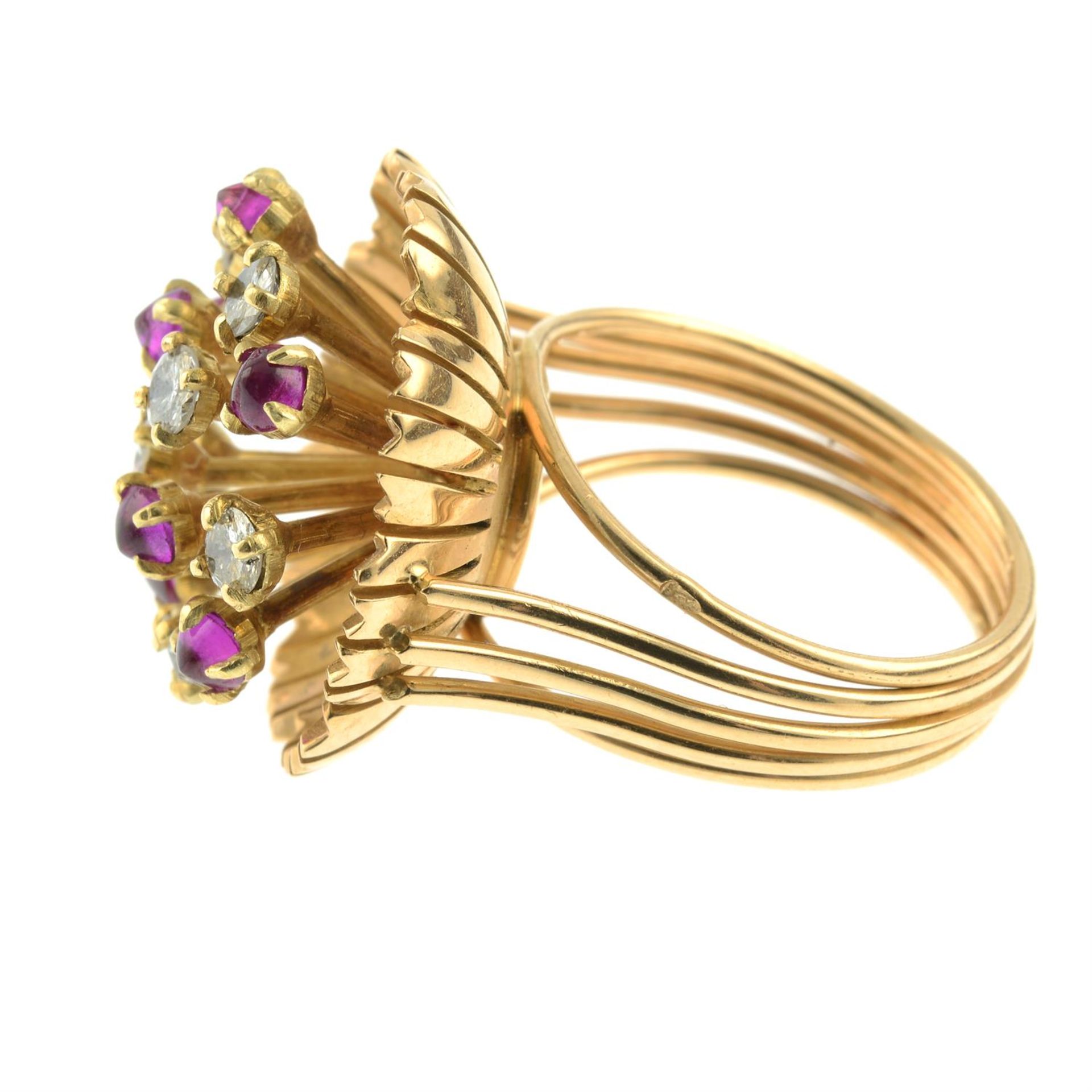 A mid 20th century 18ct gold brilliant-cut diamond and ruby cabochon floral dress ring. - Image 3 of 5