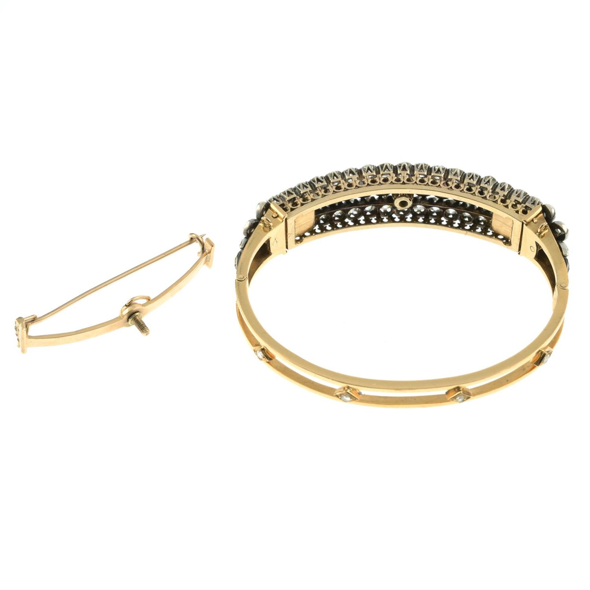 A late Victorian silver and 18ct gold old-cut diamond hinged bangle, may be worn as a brooch. - Image 3 of 3