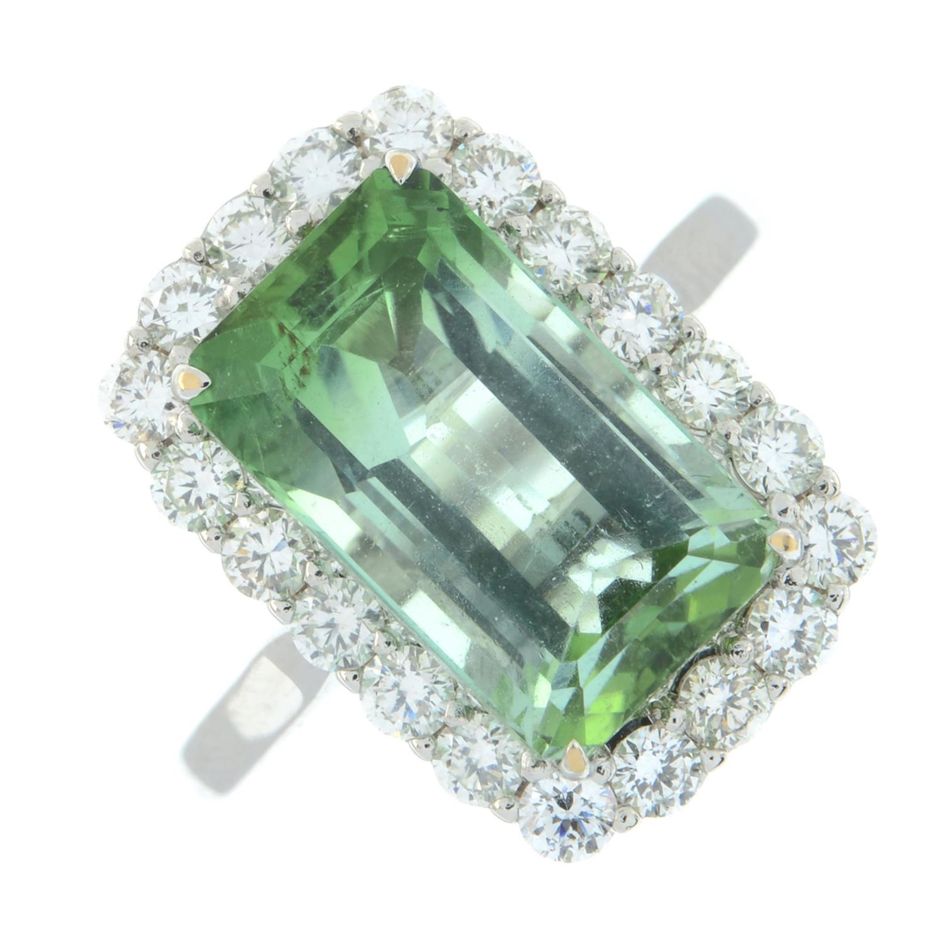 A green tourmaline and brilliant-cut diamond cluster ring. - Image 2 of 5