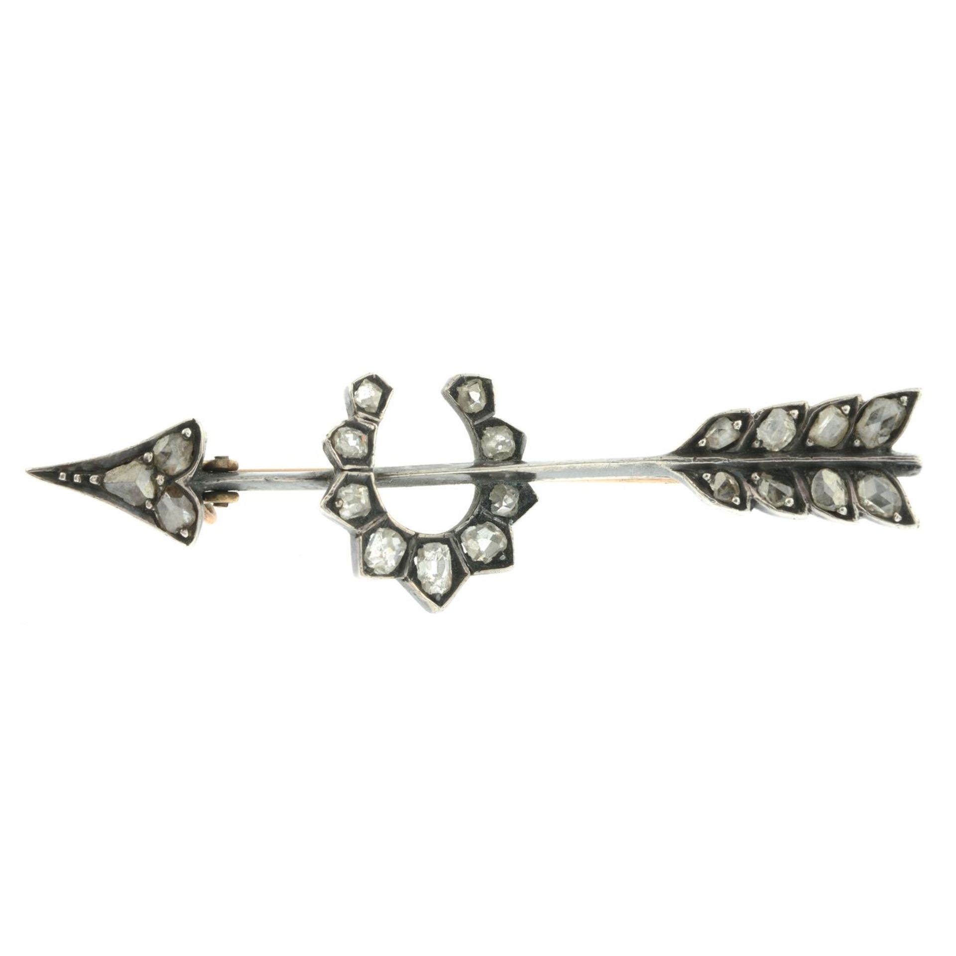 A late Victorian silver and gold rose-cut diamond arrow and horseshoe bar brooch. - Image 2 of 4