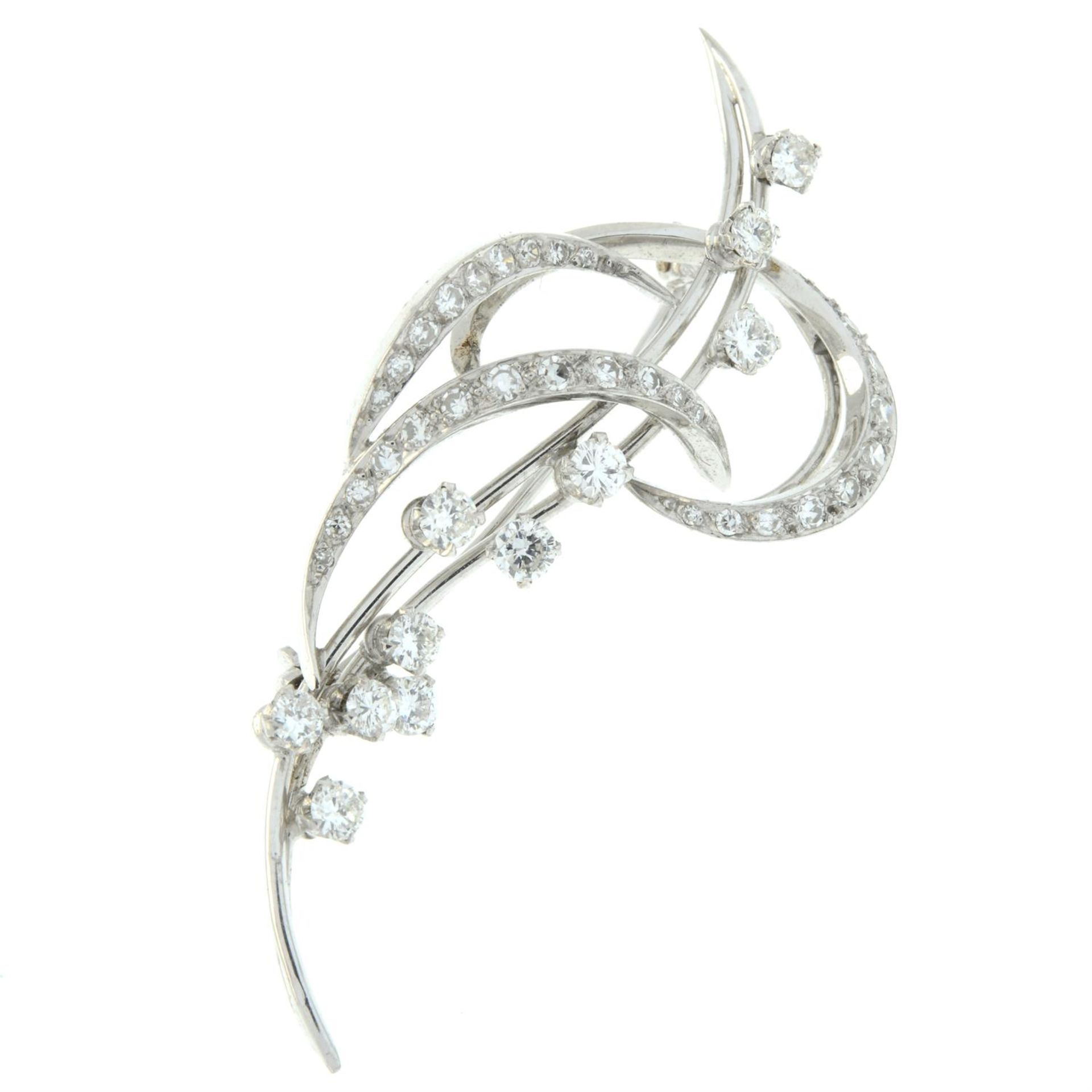 A mid 20th century 18ct gold brilliant and single-cut diamond scroll brooch. - Image 2 of 4