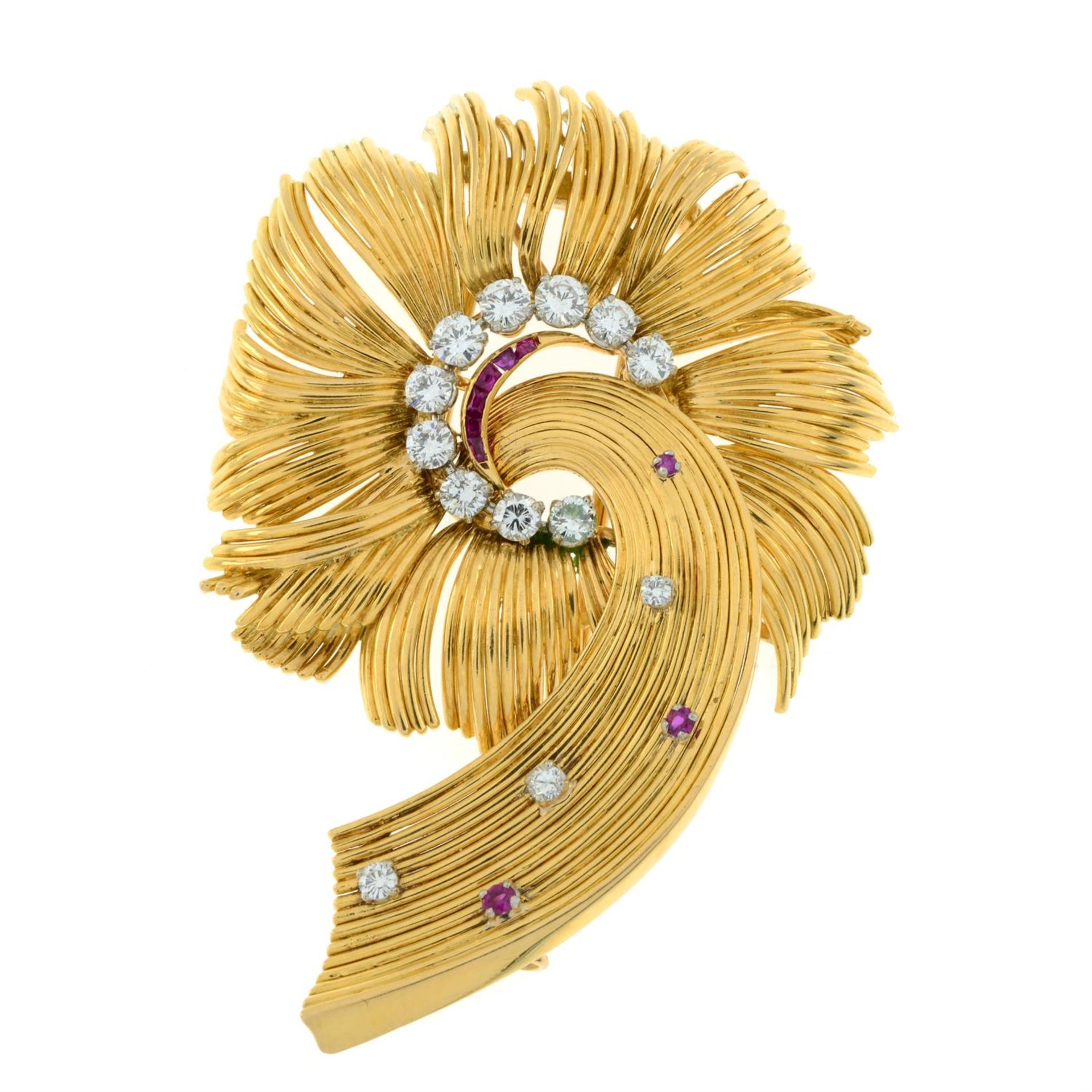 A mid 20th century platinum and 18ct gold brilliant-cut diamond and ruby stylised floral brooch. - Image 2 of 4