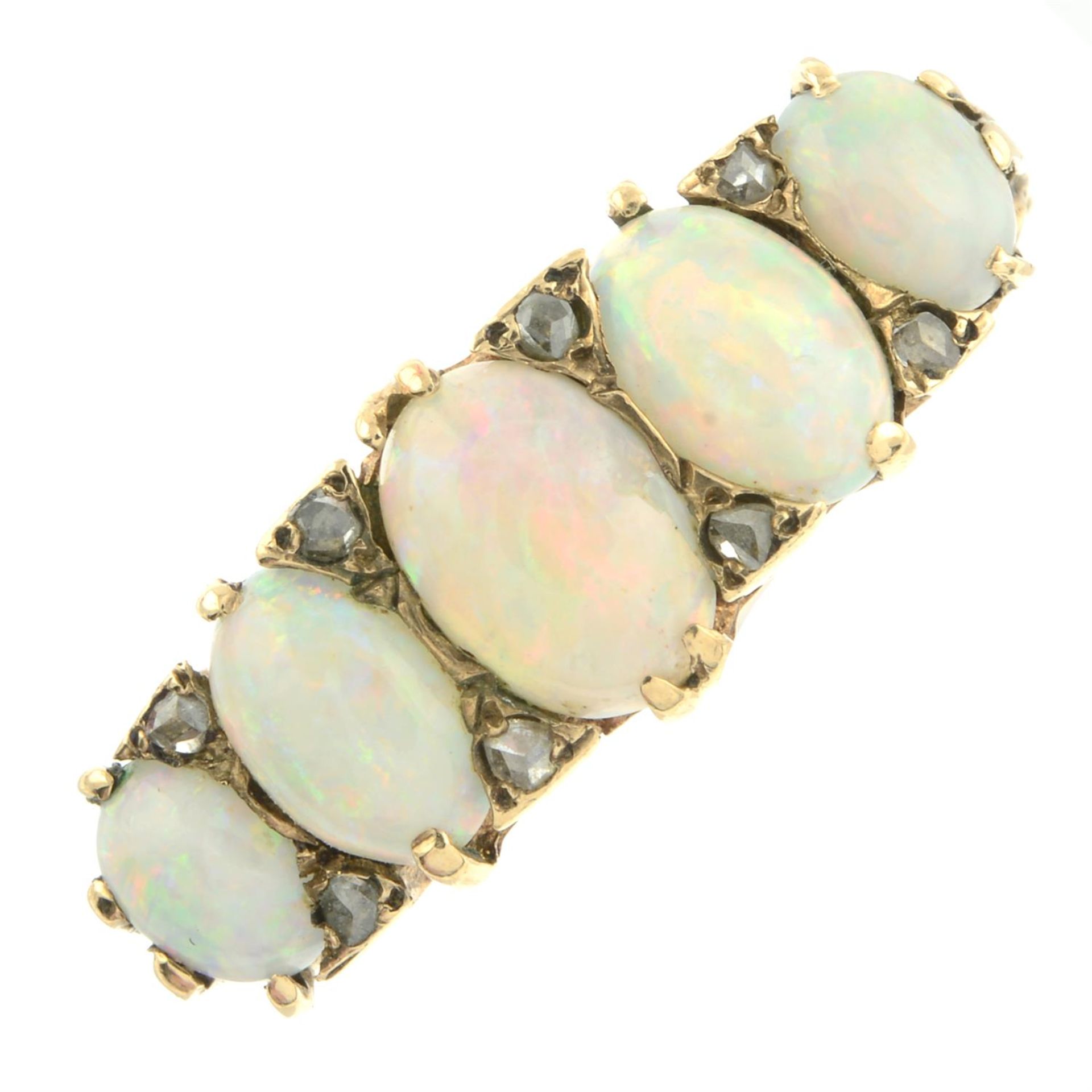 A mid 20th century 9ct gold opal five-stone ring, with rose-cut diamond spacers. - Image 2 of 5