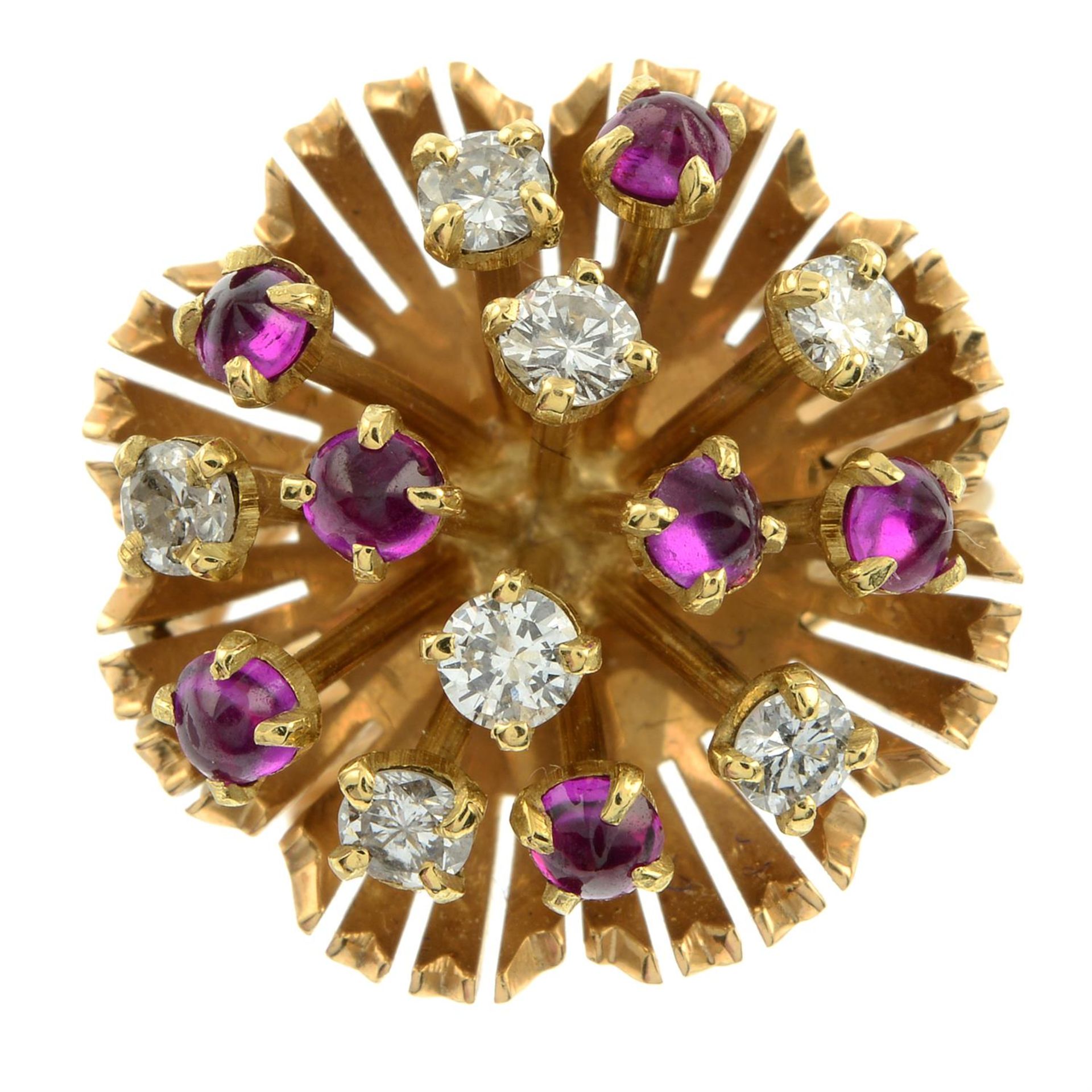 A mid 20th century 18ct gold brilliant-cut diamond and ruby cabochon floral dress ring. - Image 2 of 5