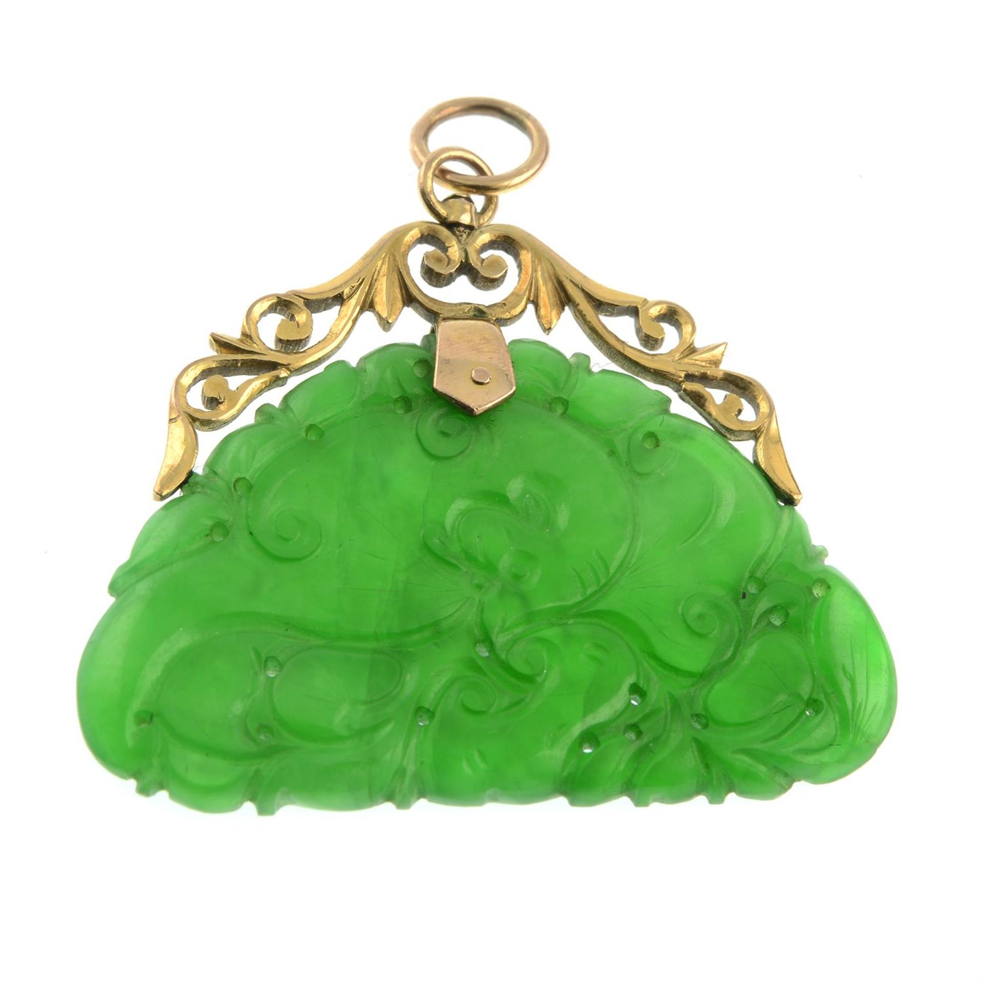 A carved and pierced A-type jadeite jade pendant, with scrolling foliate mount. - Image 3 of 4