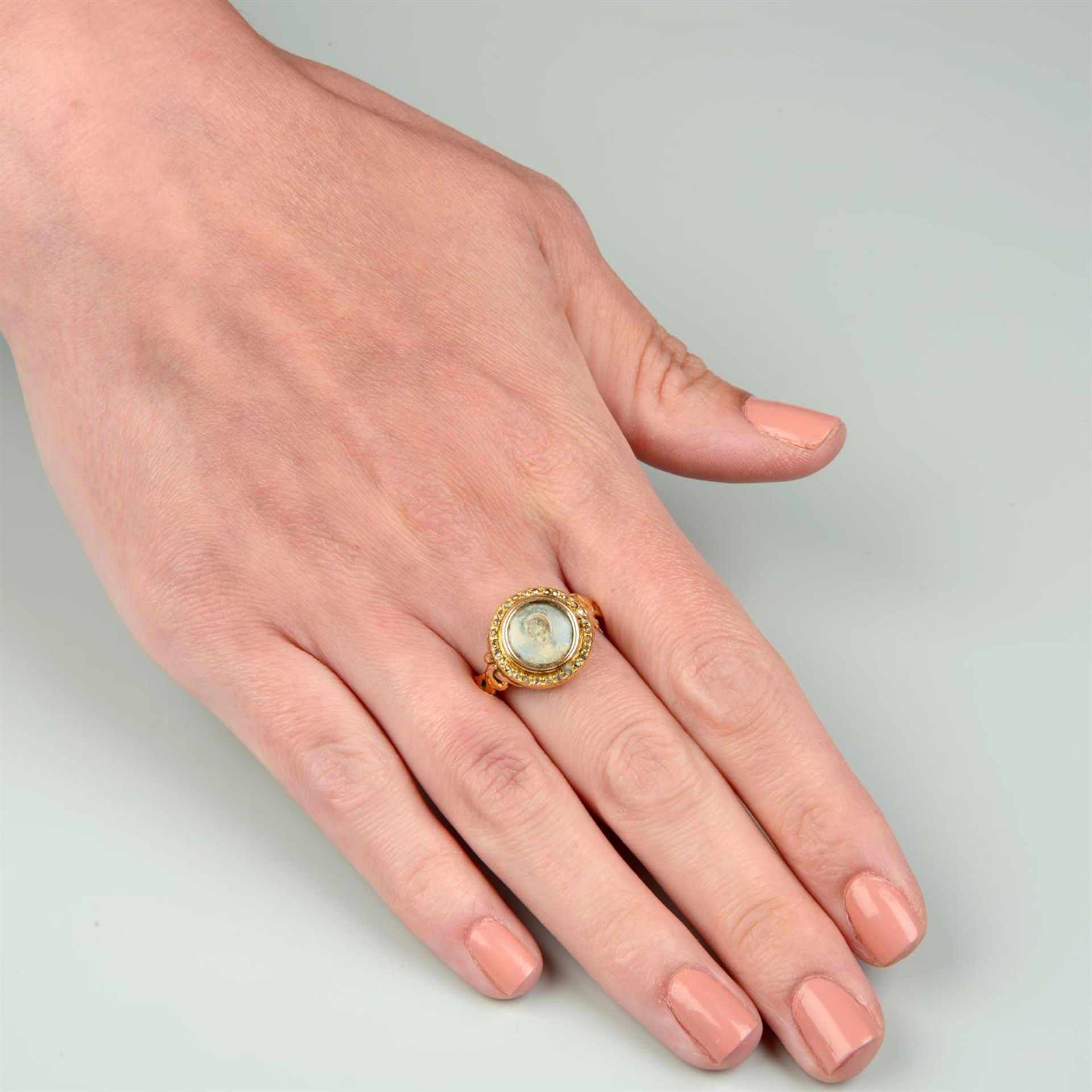 A late 19th century gold portrait miniature ring, with rose-cut diamond surround and replacement - Image 5 of 5