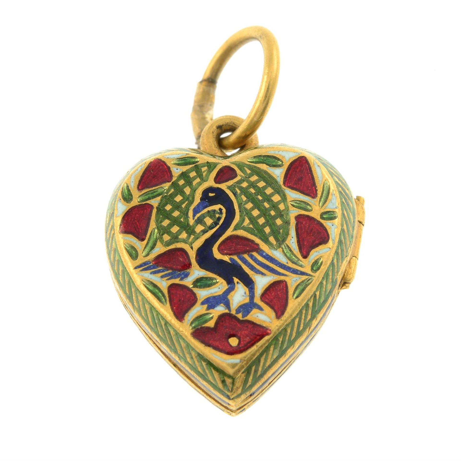 A floral and bird motif enamel heart locket. - Image 2 of 5