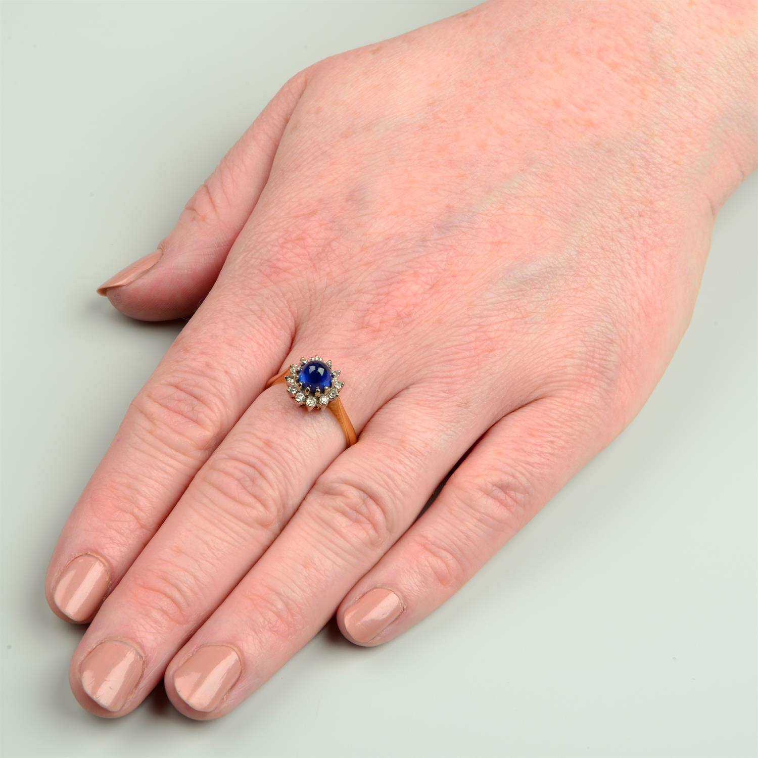 A mid 20th century 18ct gold sapphire cabochon and single-cut diamond cluster ring. - Image 5 of 5