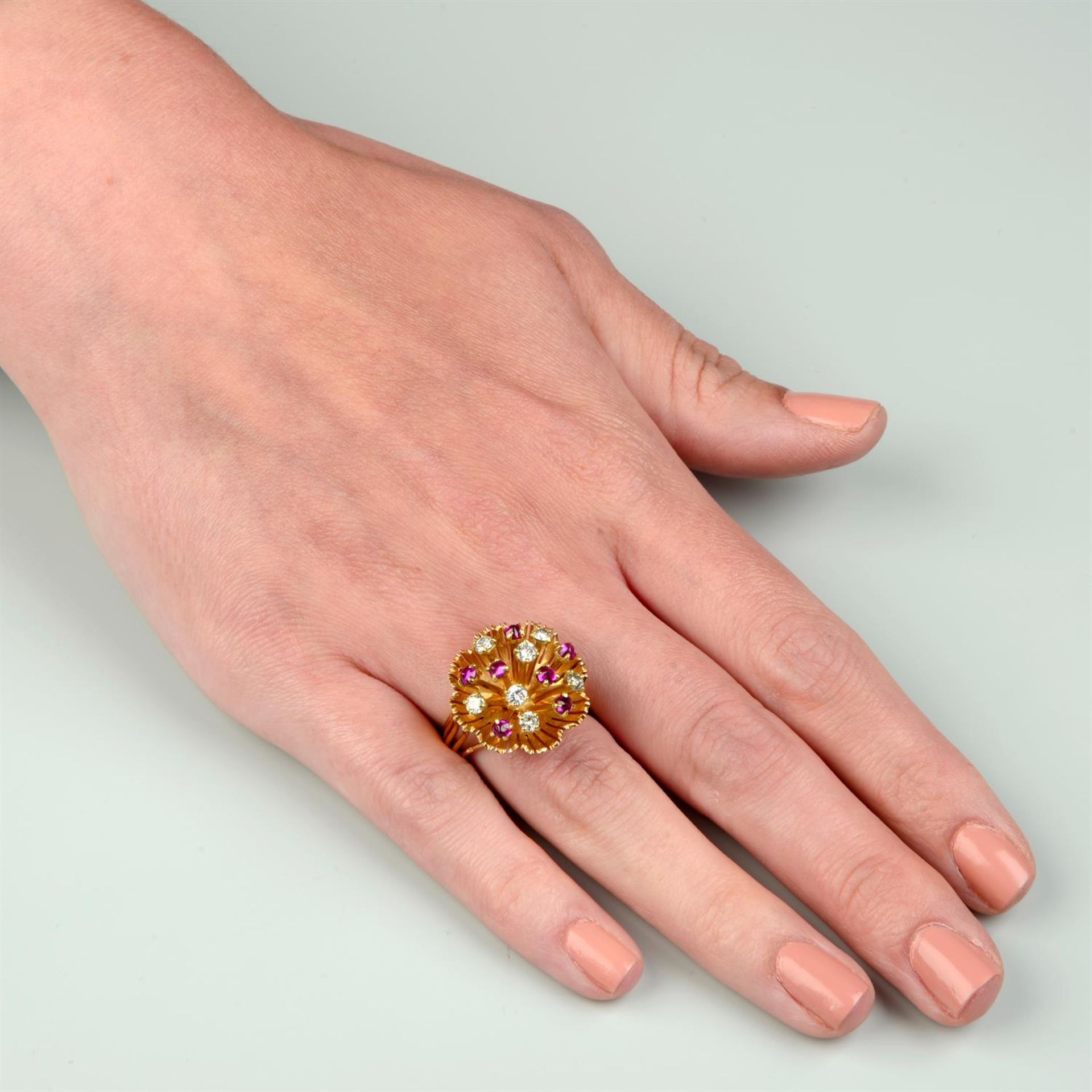 A mid 20th century 18ct gold brilliant-cut diamond and ruby cabochon floral dress ring. - Image 5 of 5