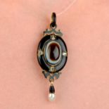 A Victorian gold banded agate and black enamel mourning locket pendant, with old-cut diamond