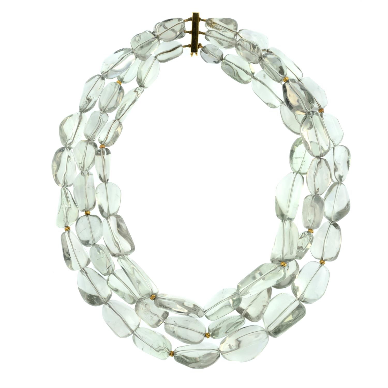 A green beryl three-strand beaded necklace, with 18ct gold clasp and spacers, by Kiki McDonough. - Image 2 of 4