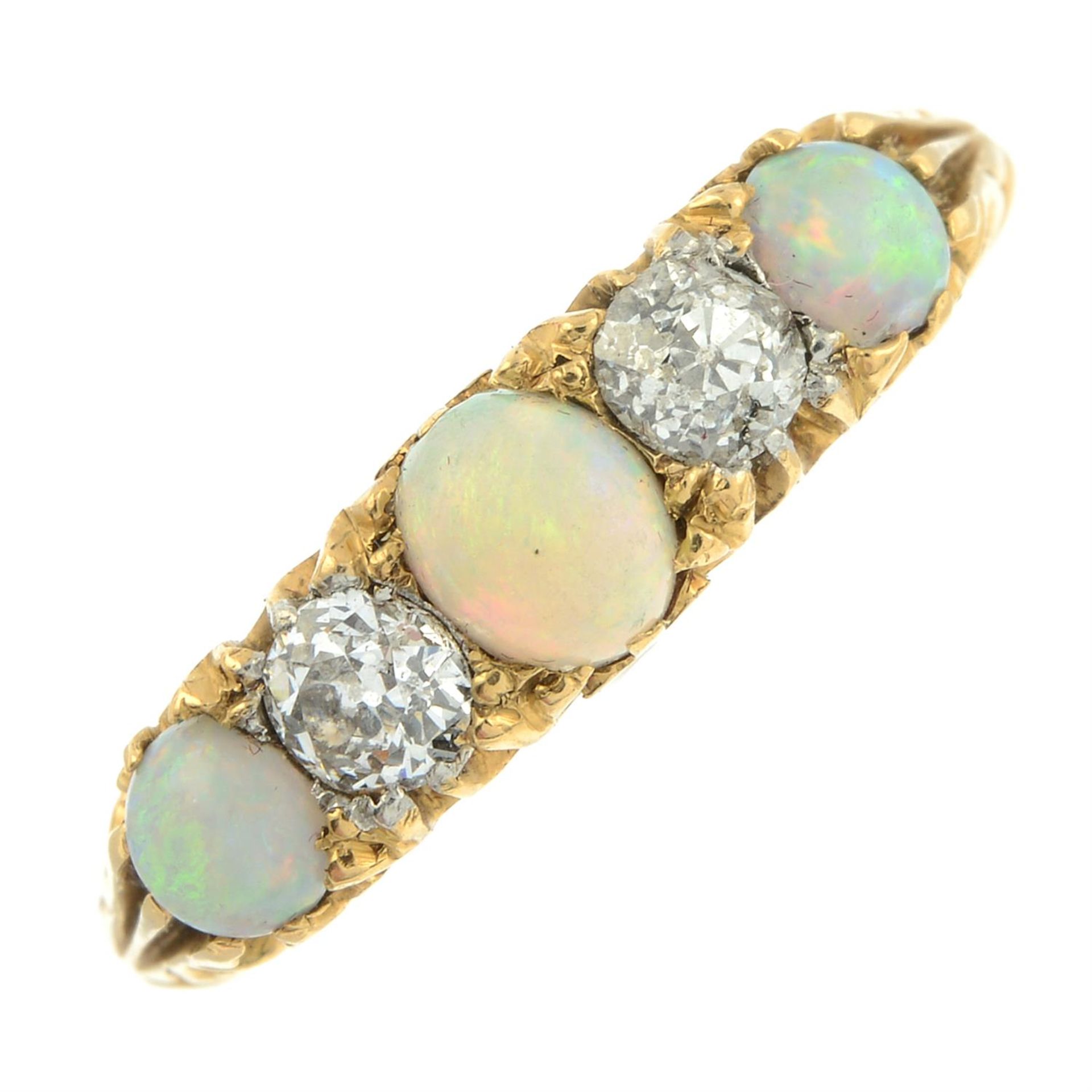 A Victorian 18ct gold opal and old-cut diamond five-stone ring. - Image 2 of 6