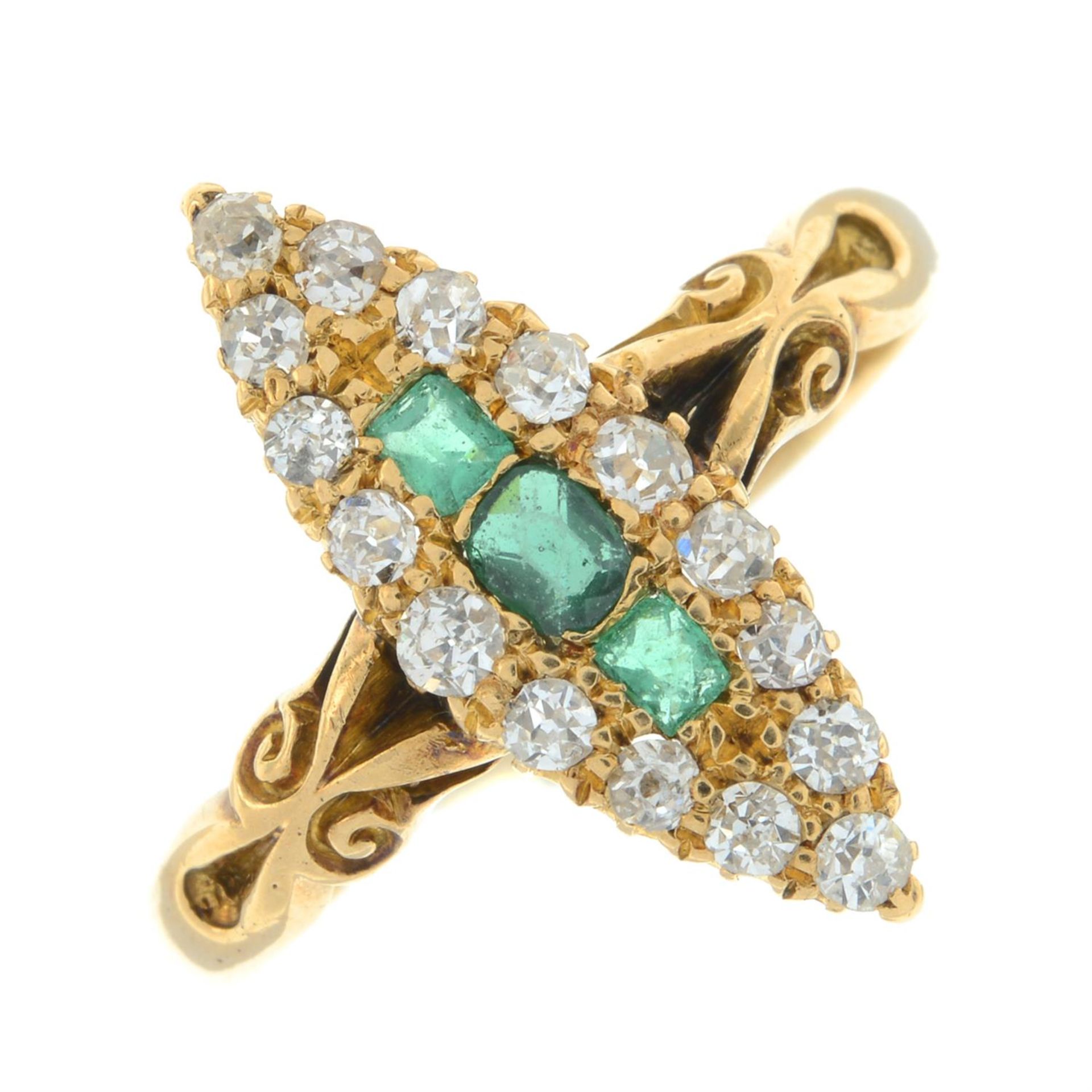 A late Victorian gold green garnet-topped-doublet, emerald and diamond marquise-shape cluster ring, - Image 2 of 5