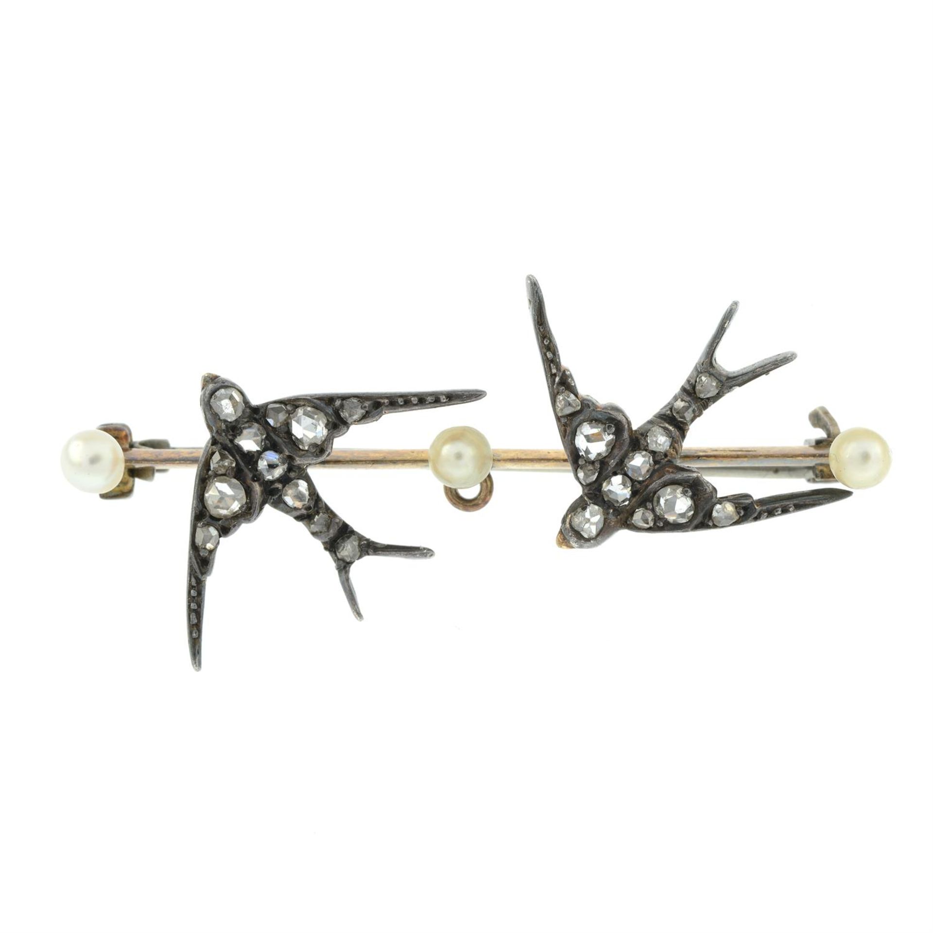 A late Victorian silver and gold rose-cut diamond swallow and seed pearl bar brooch. - Image 2 of 4