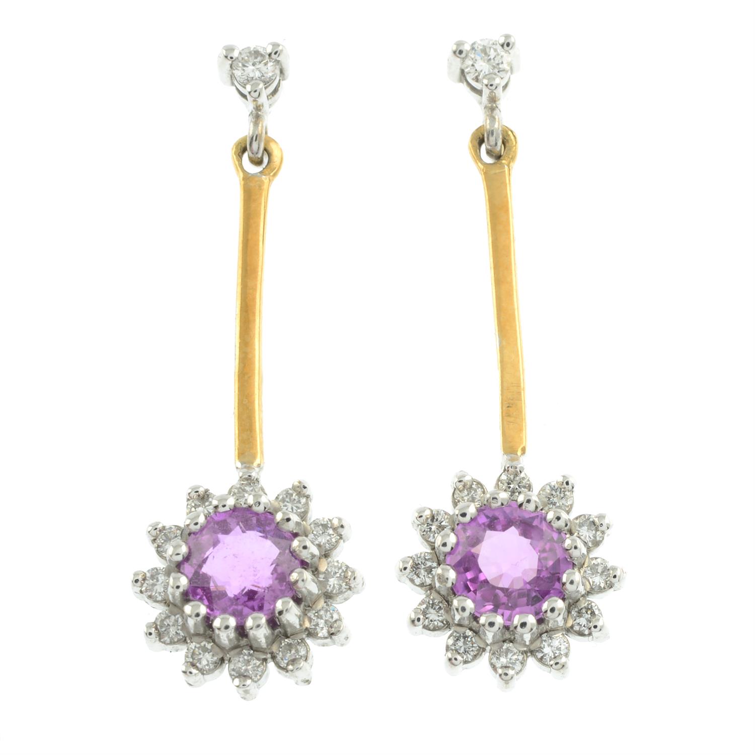 A pair of 18ct gold pink sapphire and brilliant-cut diamond cluster drop earrings. - Image 2 of 3