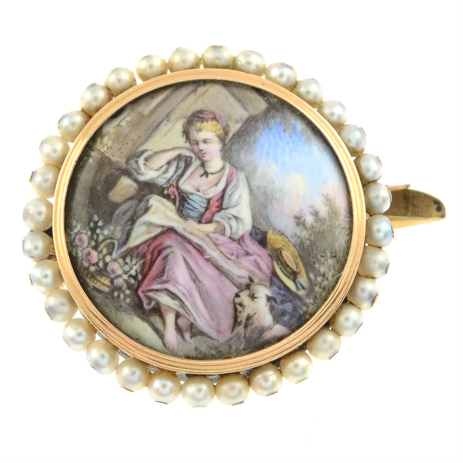 A mid to late 19th century gold mounted enamel scenic brooch of a woman in pastoral setting, - Image 2 of 4