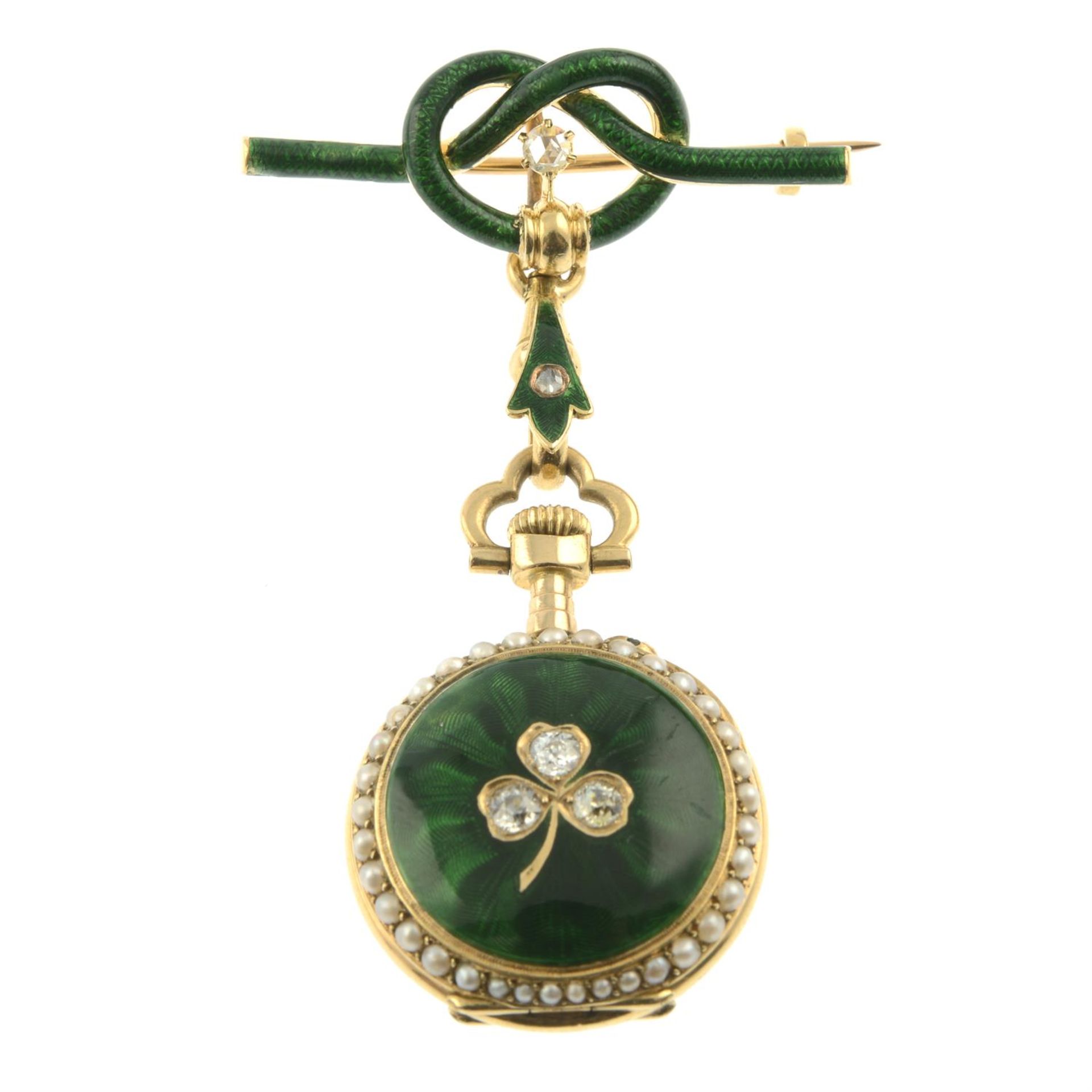 A late Victorian gold rose and old-cut diamond, split pearl and green enamel shamrock fob watch, - Image 2 of 4