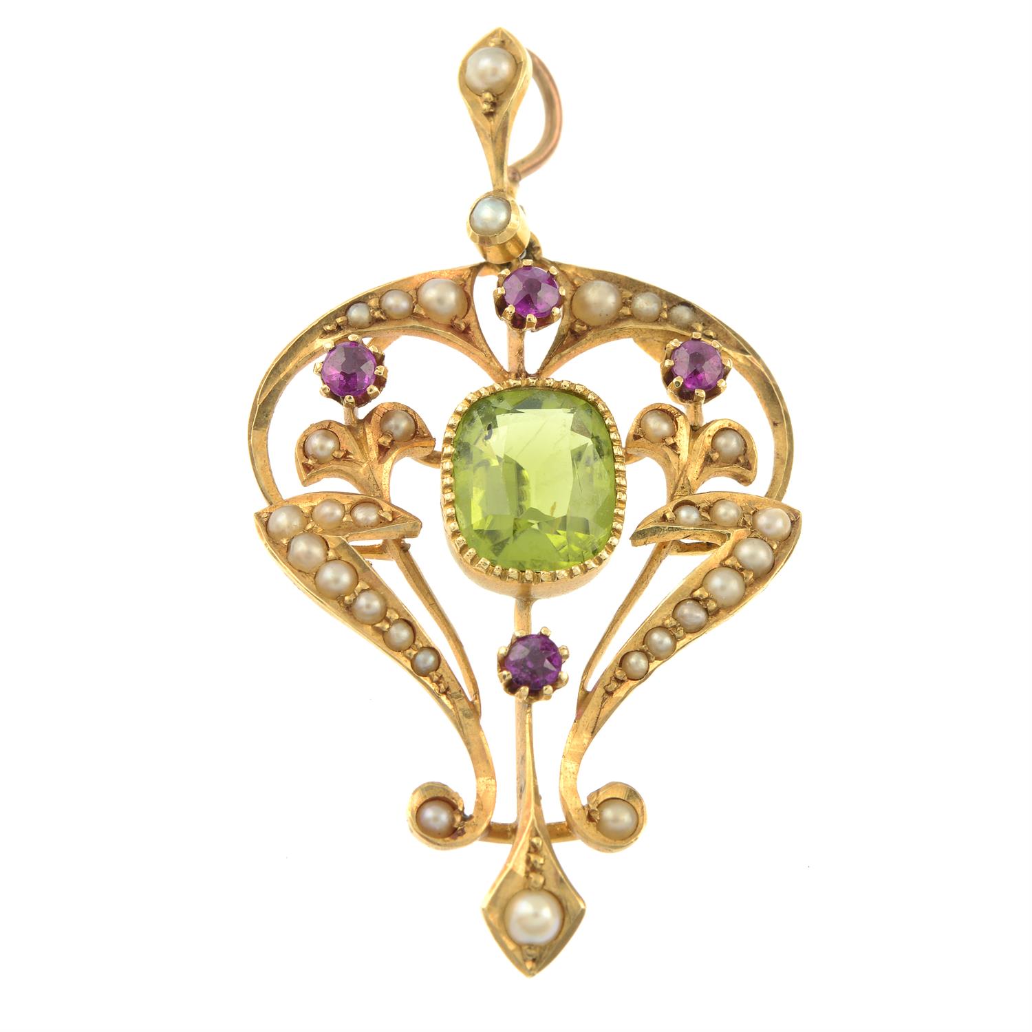 An Edwardian 15ct gold peridot, ruby and split pearl pendant. - Image 2 of 4