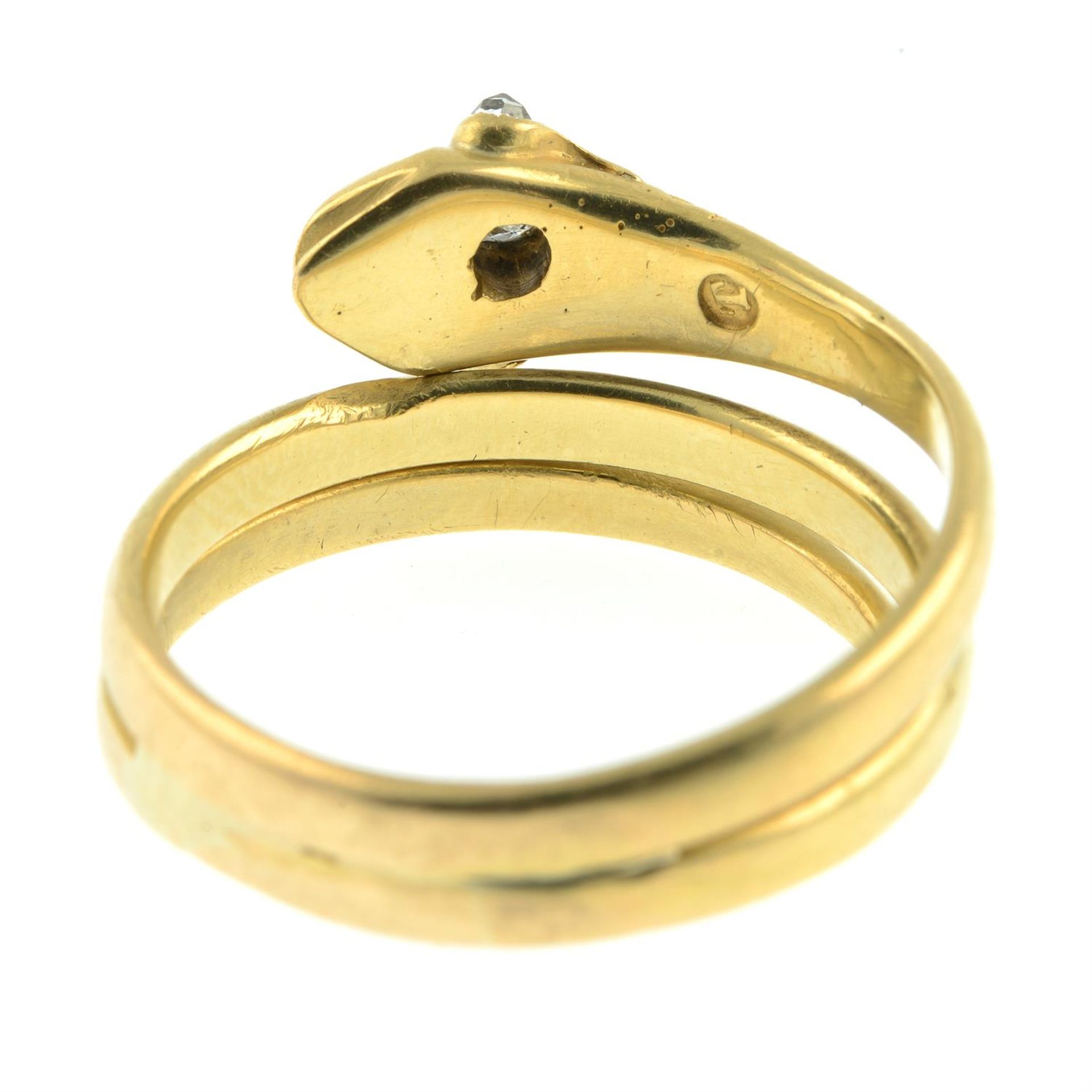 A mid Victorian 18ct gold snake ring, with diamond crest and eyes. - Image 4 of 5