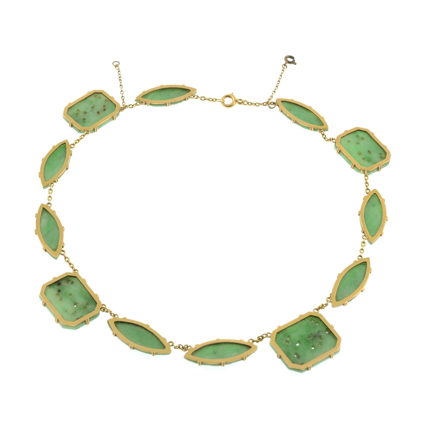 An Art Deco 18ct gold carved and pierced jadeite jade floral and bird motif necklace. - Image 3 of 3