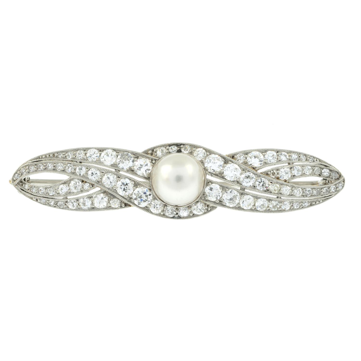 An early 20th century platinum natural pearl and circular-cut diamond brooch. - Image 2 of 4