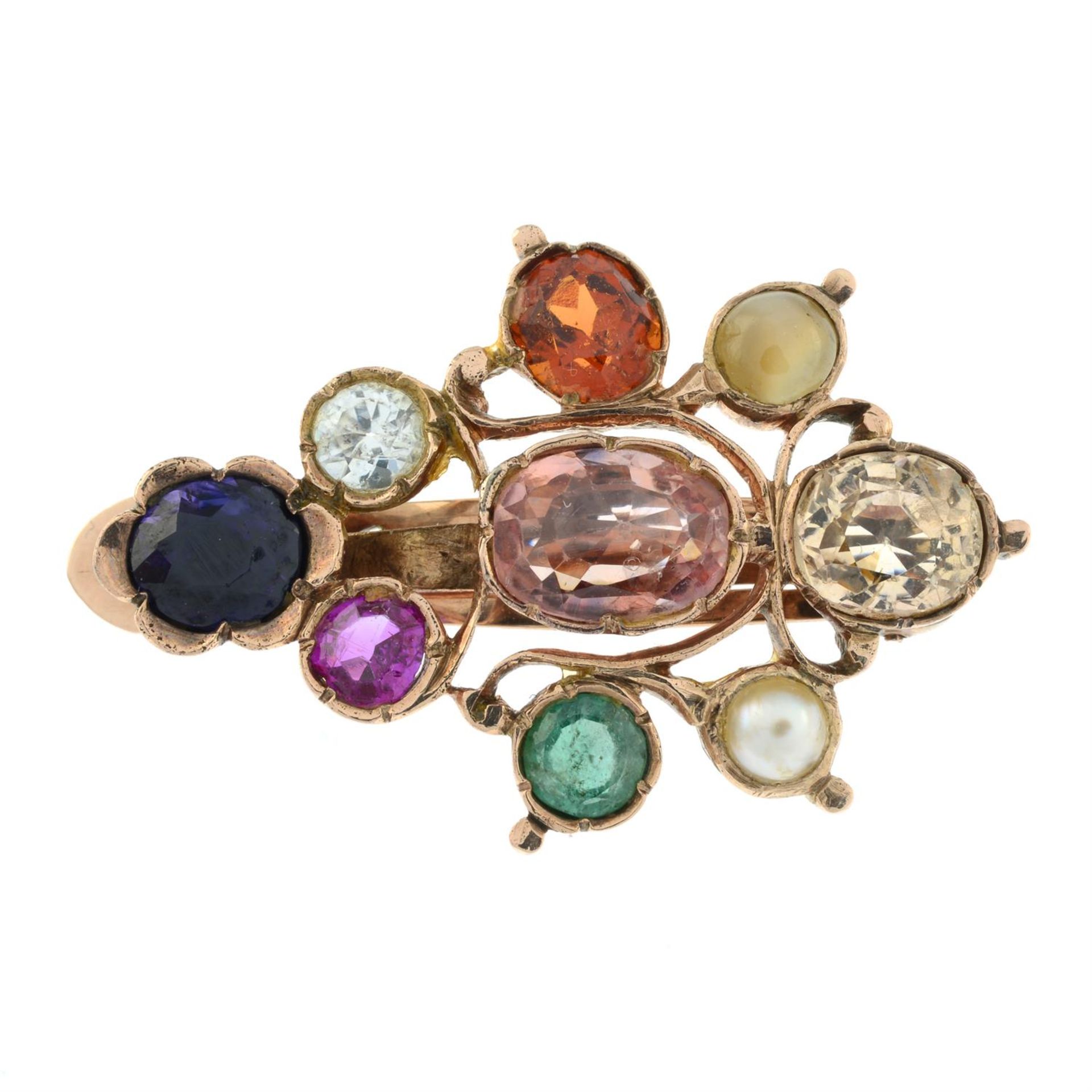 An early to mid 20th century gold Navaratna type clip, the Sri Lankan peach sapphire with yellow, - Image 2 of 5