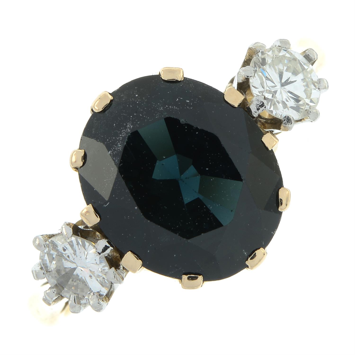 A mid 20th century 18ct gold and platinum blue green sapphire and brilliant-cut diamond three-stone - Image 2 of 5