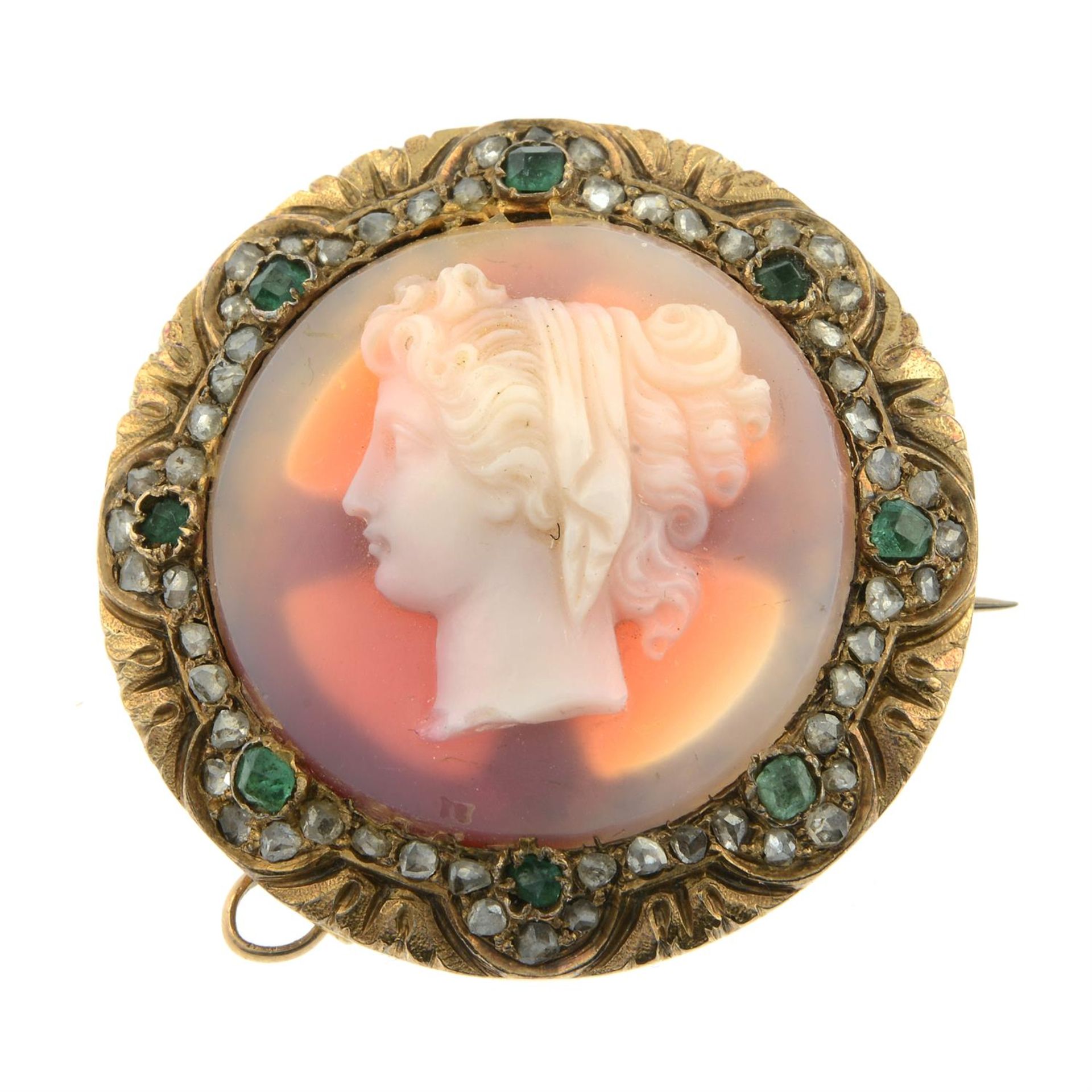 A mid Victorian gold sardonyx cameo brooch, depicting Hera in profile, with emerald and rose-cut - Image 2 of 4