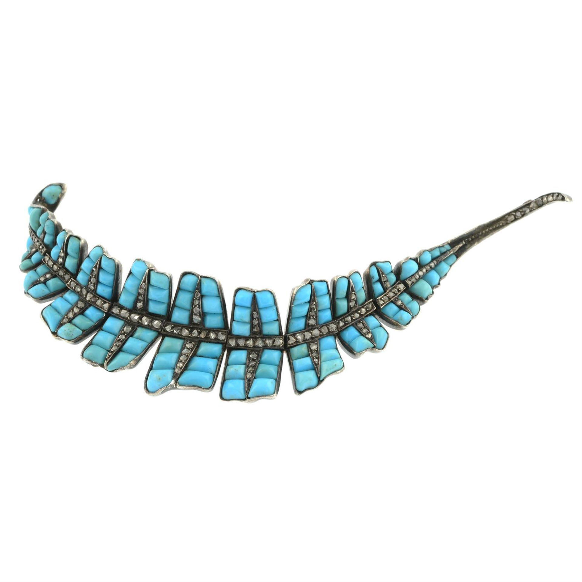 A 19th century silver and gold, calibre-cut turquoise and diamond point feather brooch. - Image 2 of 4